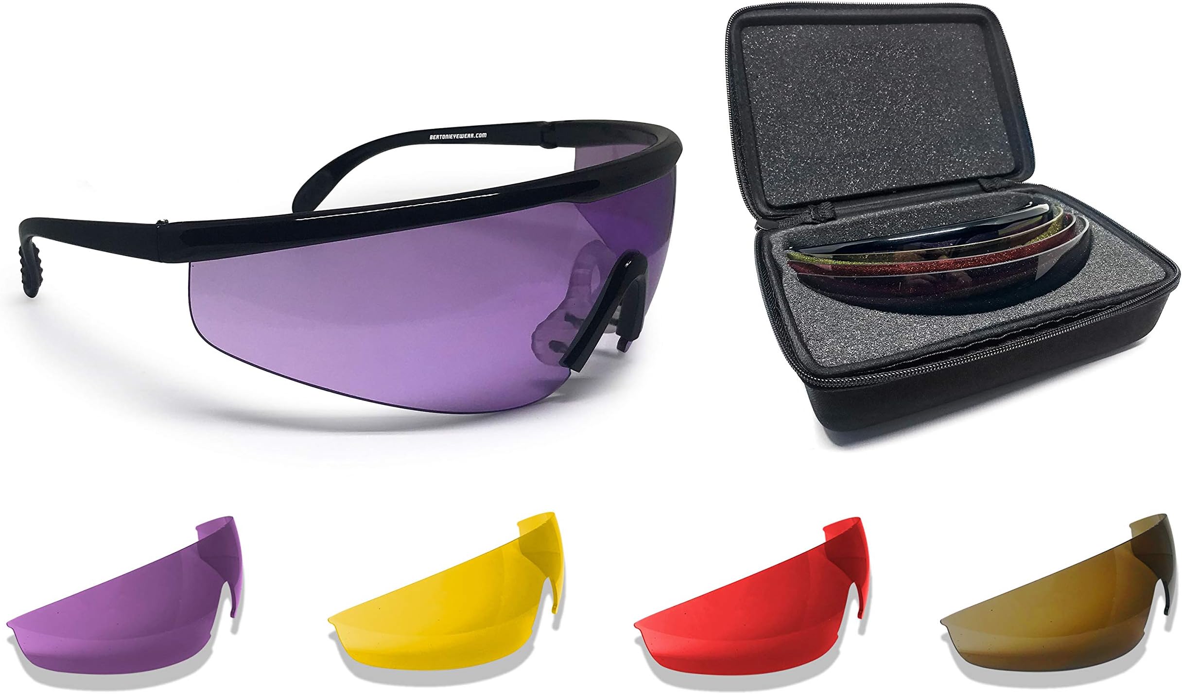 Bertoni Shooting Glasses with 4 Interchangeable Lenses and Carrying Case – AF899 Italy Tactical Protective Safety Glasses with RX Optical Prescription Carrier - Shiny Black