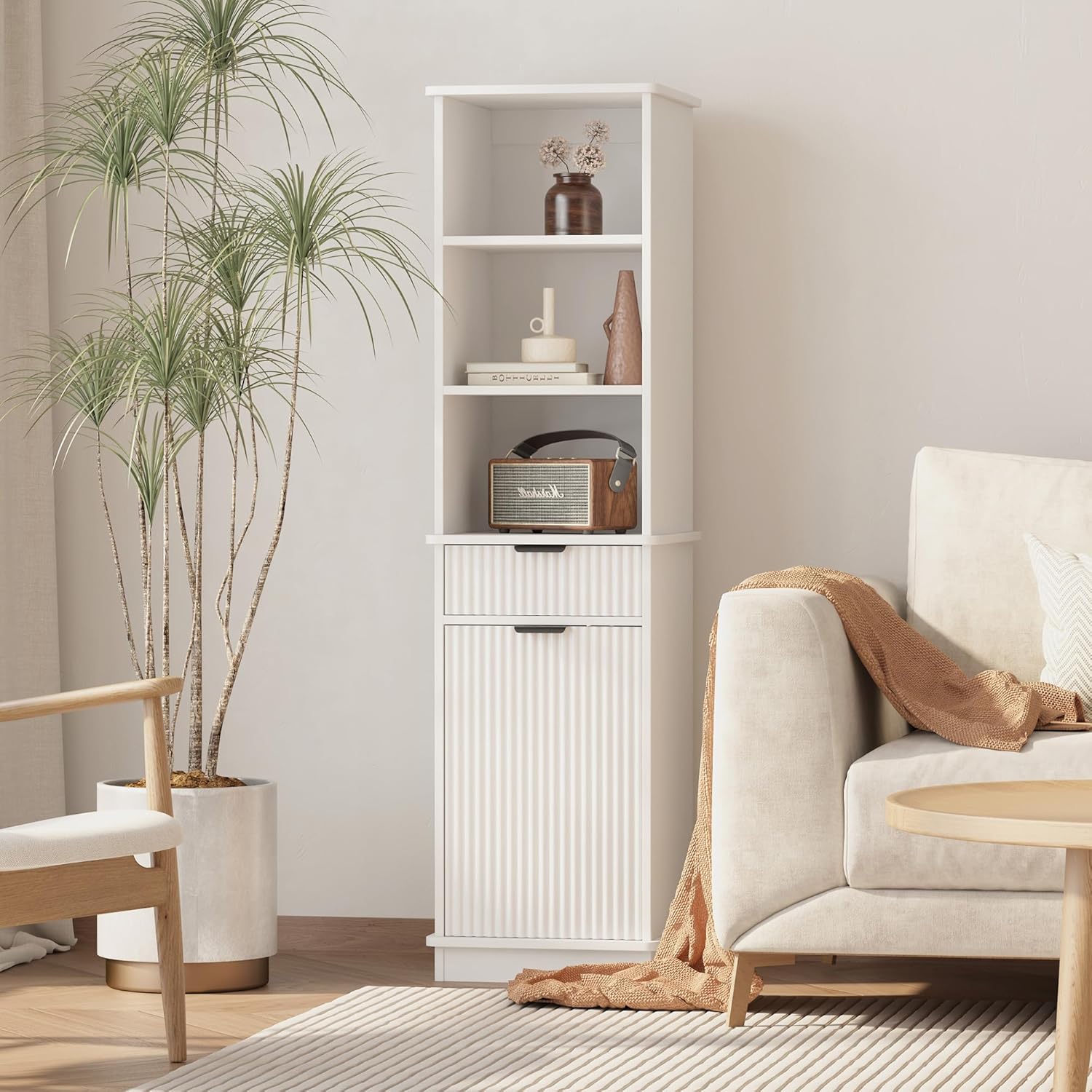 White Tilt Out Laundry Hamper Tall Bathroom Storage Cabinet Hidden Laundry Hamper Cabinet with Drawers and Baskets for Bathroom Hamper with Storage for Bedroom,16x16x59in