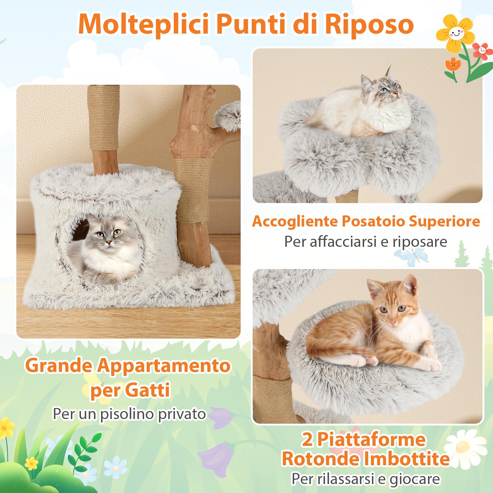 COSTWAY Tiragraffi per Gatto Alto 135 cm, Albero Tiragraffi in Legno di Pero Naturale con Grotta e 6 Piani, Torre per Gatti Imbottito in Peluche con Corde Juta e Pompon, Bianco