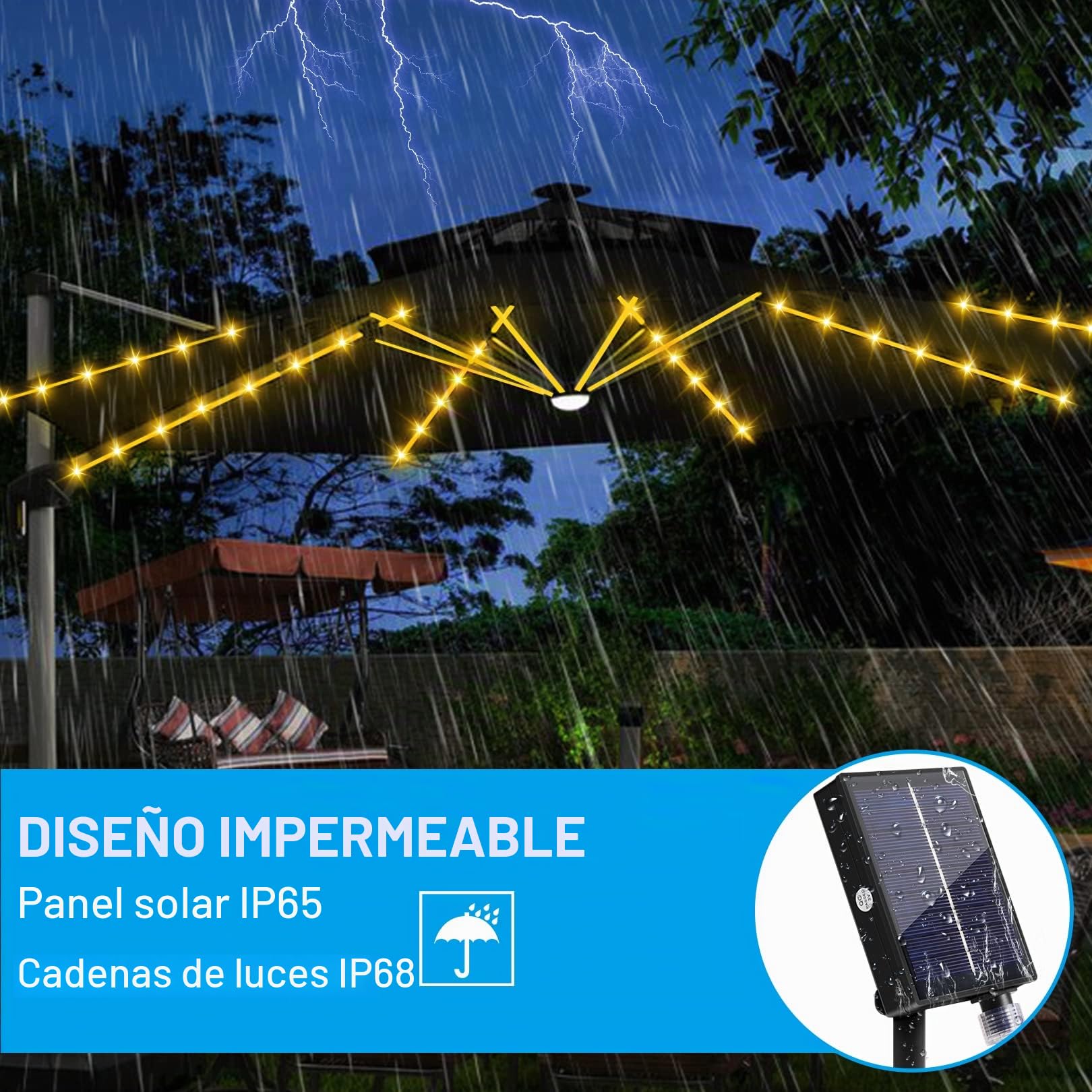 Iluminación solar para sombrilla,cadena de luces con 104 luces LED y mando a distancia de 8 modos,IP67,resistente al agua,para decoración de sombrillas,tiendas de campaña,para interior y exterior