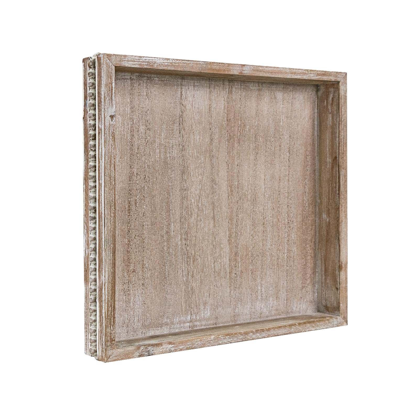 MAONAME Wood Serving Tray, Farmhouse Wooden Tray for Coffee Table, Rustic Square Trays with Beads, Washed White Decorative Trays for Living Room,