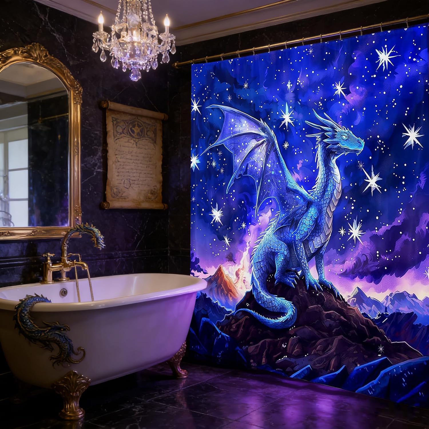 Homewish Dragon Shower Curtain,Purple Blue Galaxy Bathroom Curtains,Outer Space Shower Curtains Bathroom Decor,Starry Sky Cool Waterproof Curtain,Western Magical Dragon Bath Decor,12 Hooks,72" Wx78 L