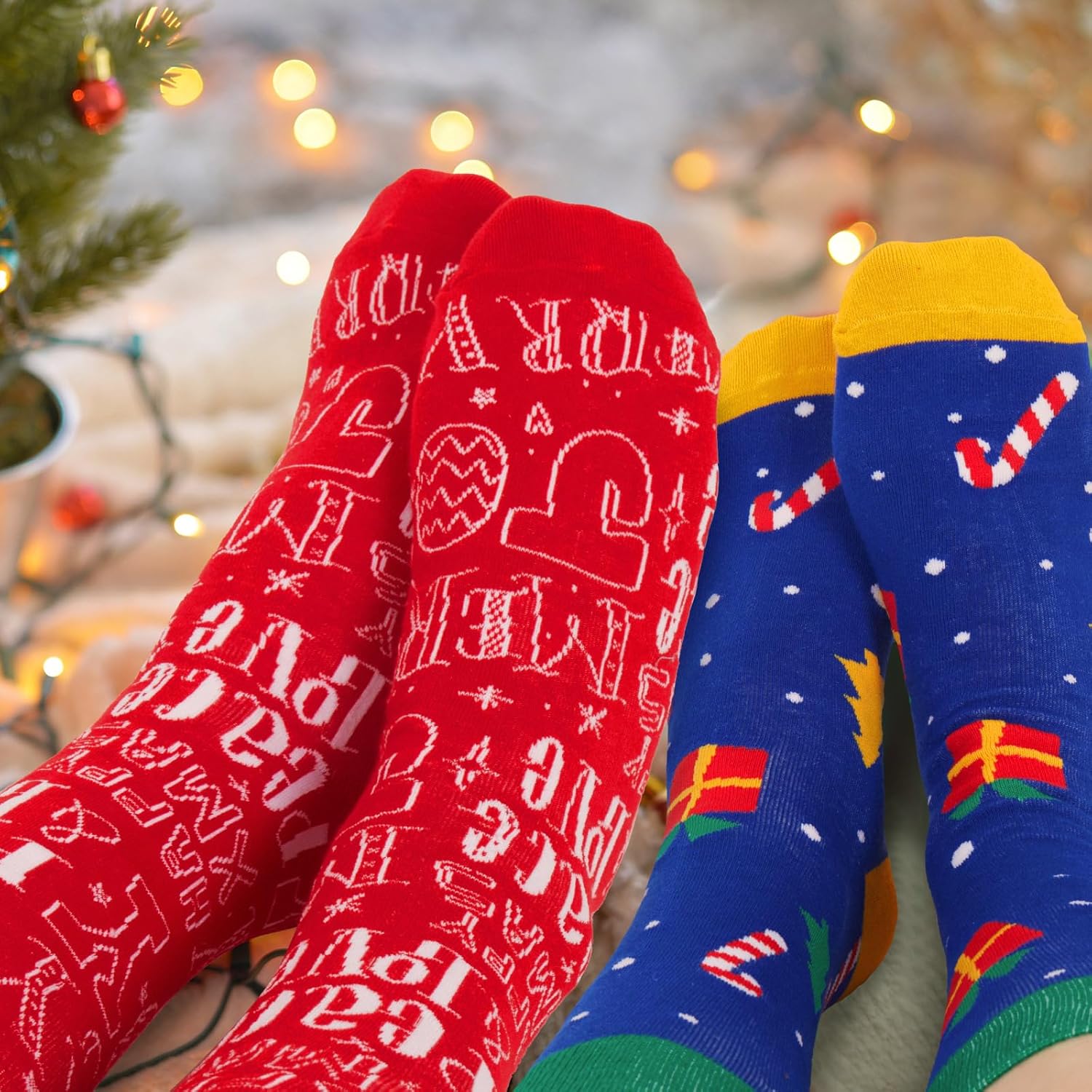 Liitrsh 24 Pack Christmas Knitted Hats and Socks Set, Including 12 Pack Beanie Caps and 12 Pairs Crew Socks, Winter Knit Elf Hats for Men Women Adults Kids Xmas New Year Party Supplies