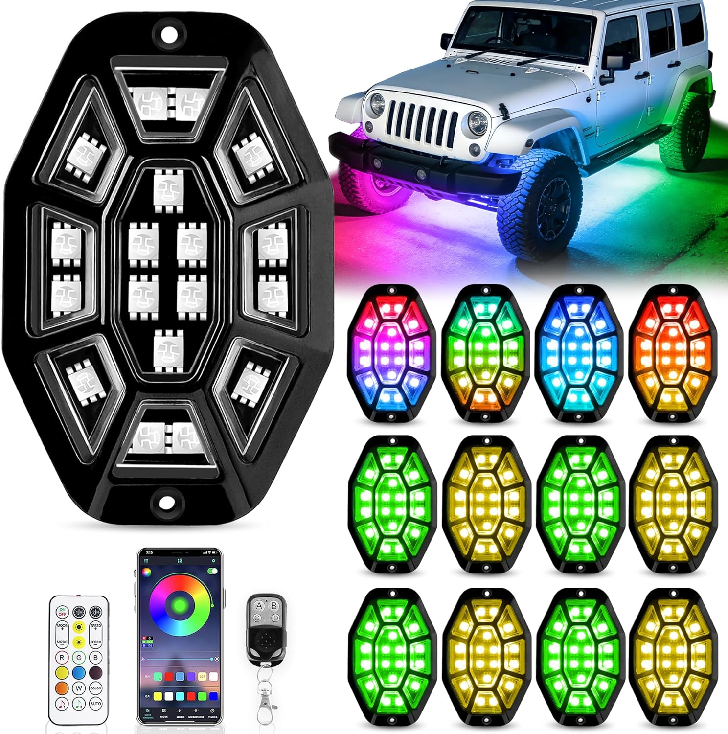 12 Pods 9 Side 216 LEDs Rock Lights, App/2 Remote Control RGB Underglow Lights Compatible with 12V Trucks Jeep UTV ATV Golf Cart Off Road,Brake Signal,Waterproof,Music Mode,Plug and Play,Multi-Color