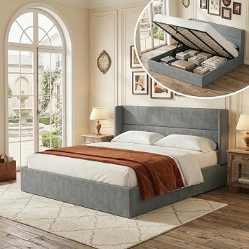 King Size Lift Up Storage Bed Frame, Modern Wingback Headboard, Flannel Fabric Upholstered Platform Bed with Hydraulic, Wooden Slat Support, No Box Spring Needed, Easy Assembly, Graphite Grey