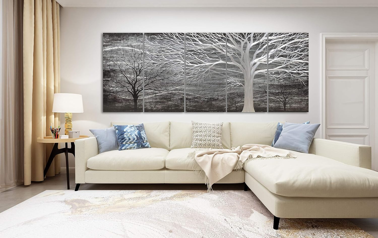 Yihui Arts Tree Metal Wall Art For Living Room Black Grey Silver Color Pictuers For Decor