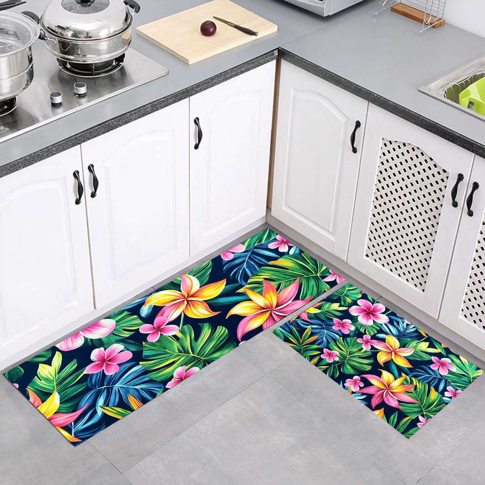 Evita resbalones con estas alfombras de cocina antideslizantes lavables de flores tropicales