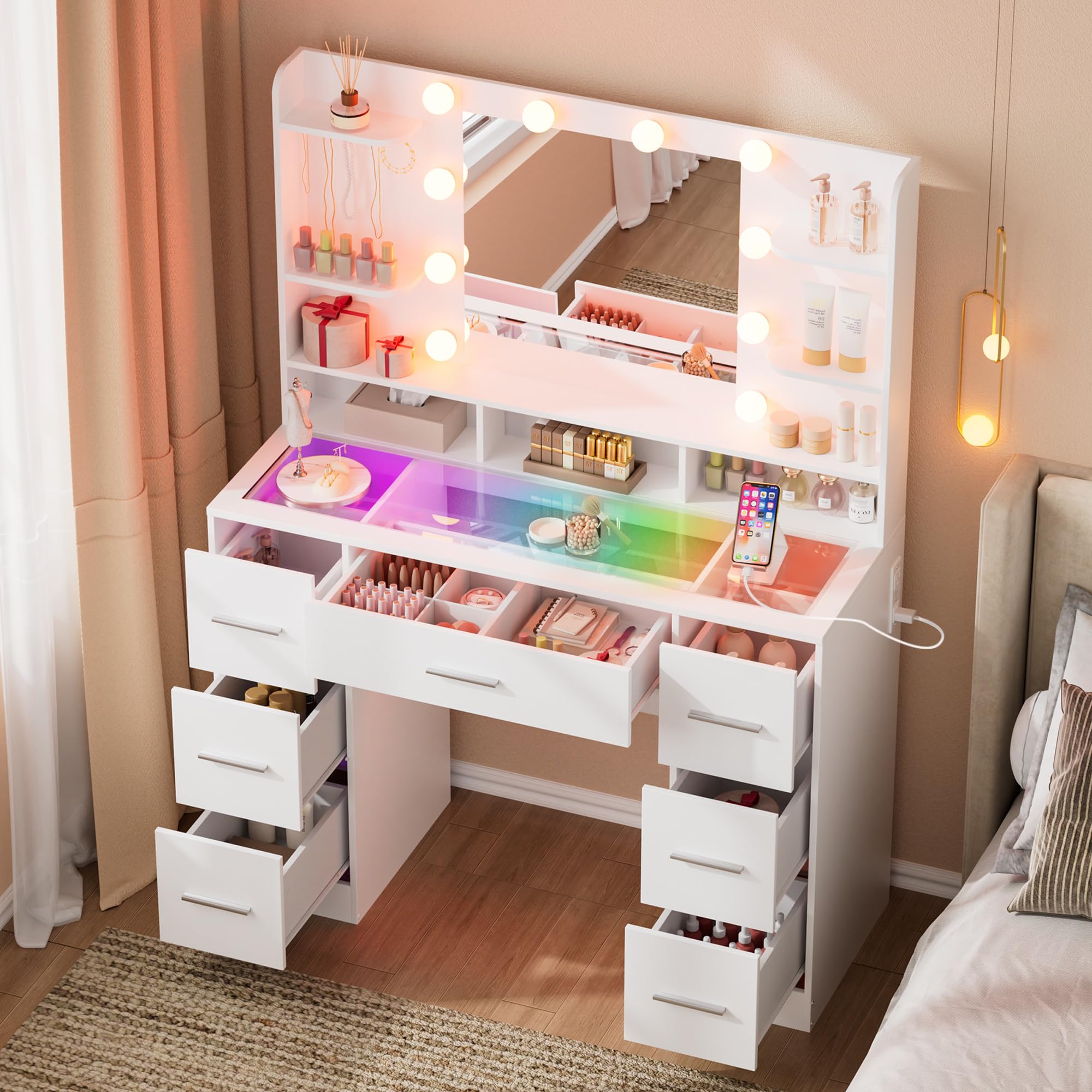 Schminktisch mit LED-Beleuchtung & großem Spiegel – Kosmetik- & Frisiertisch, dimmbar, USB-Ladestation, verstellbare Ablagen, große Schublade, für Schlafzimmer