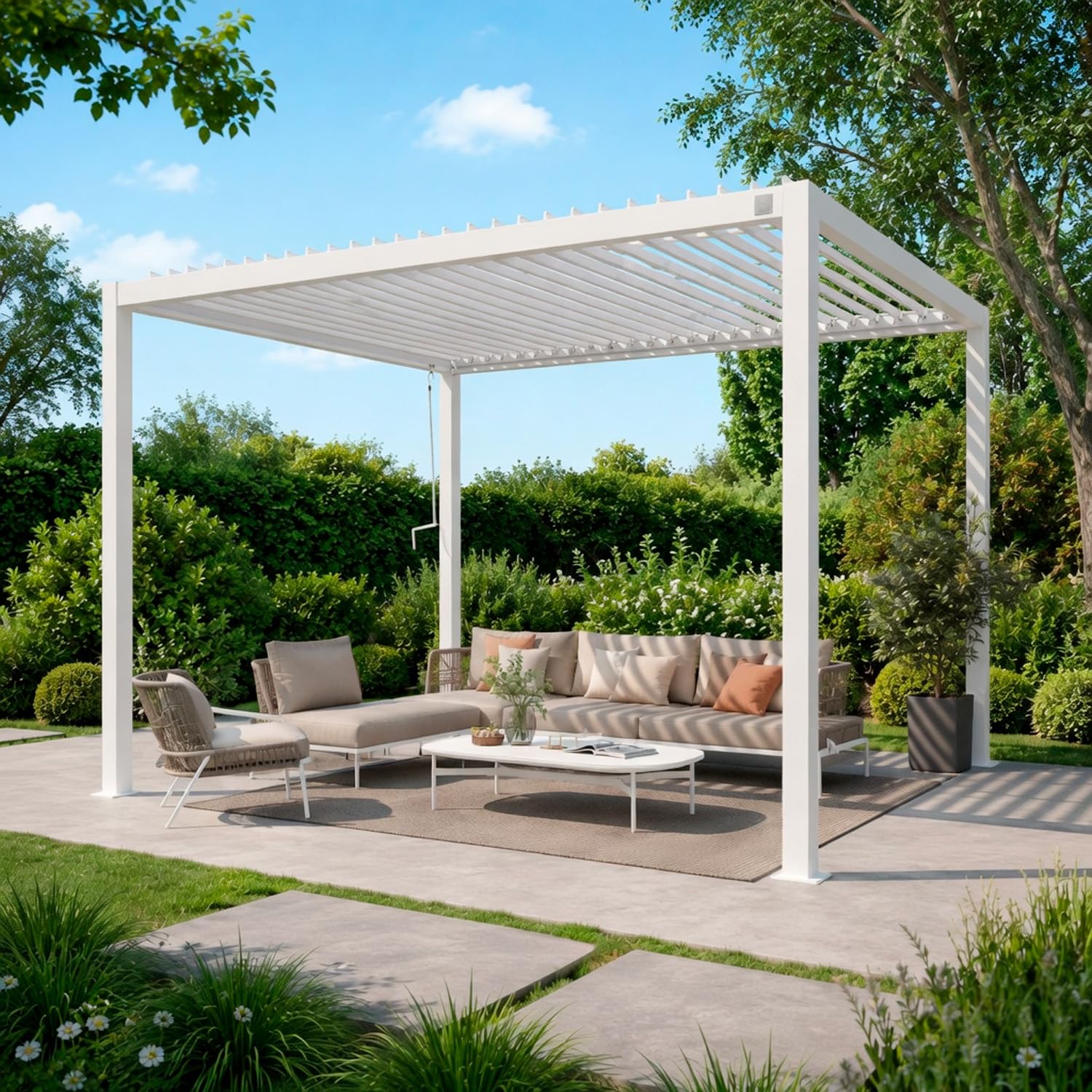 Pergola Bioclimatica 3x4 Metri Gazebo Con Tetto A Lamelle Orientabili Sistema Di Drenaggio Struttura In Alluminio E Acciaio Resistente Ai Raggi UV Per Esterni Bianco Opaco