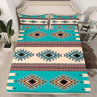 Western Bed Sheet Set Twin Size Southwestern Fitted Sheet for Boys Girls Kids Teens Cowboy Boho Aztec Bedding Set Teal Blue Native Indian Tribal Navajo Bedding Sheets Bedroom Decor Bedding Collection