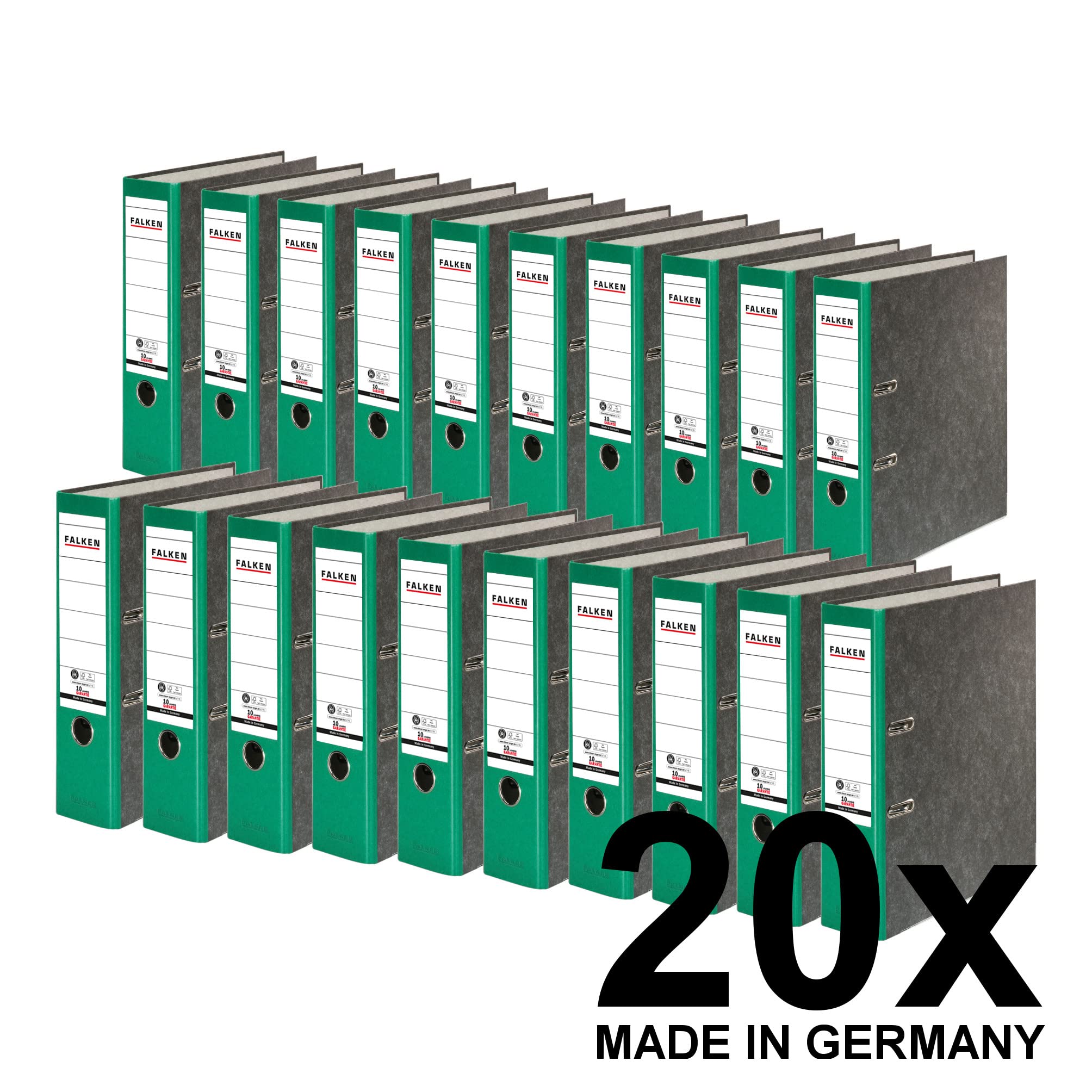 20x Falken Recycling segregator marmurkowy A4 szeroki 8 cm zielony grzbiet. Wyprodukowano w Niemczech. Segregator biurowy Segregator dźwigniowy Segregator z mechanizmem Certyfikat Błękitny Anioł