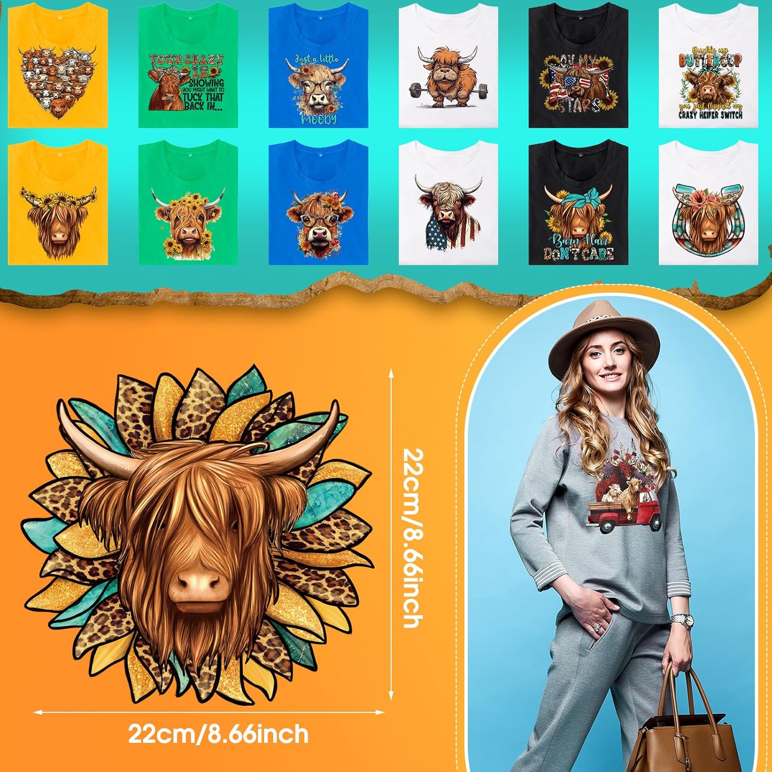 Yuntau 30 Pcs Western Iron On Transfer Patches Iron On Vinyl Decals for Jeans Western DTF Heat Transfer Vinyl Stickers DIY Appliques for Clothing T Shirt Pillow Hat(Highland Cow) thumbnail