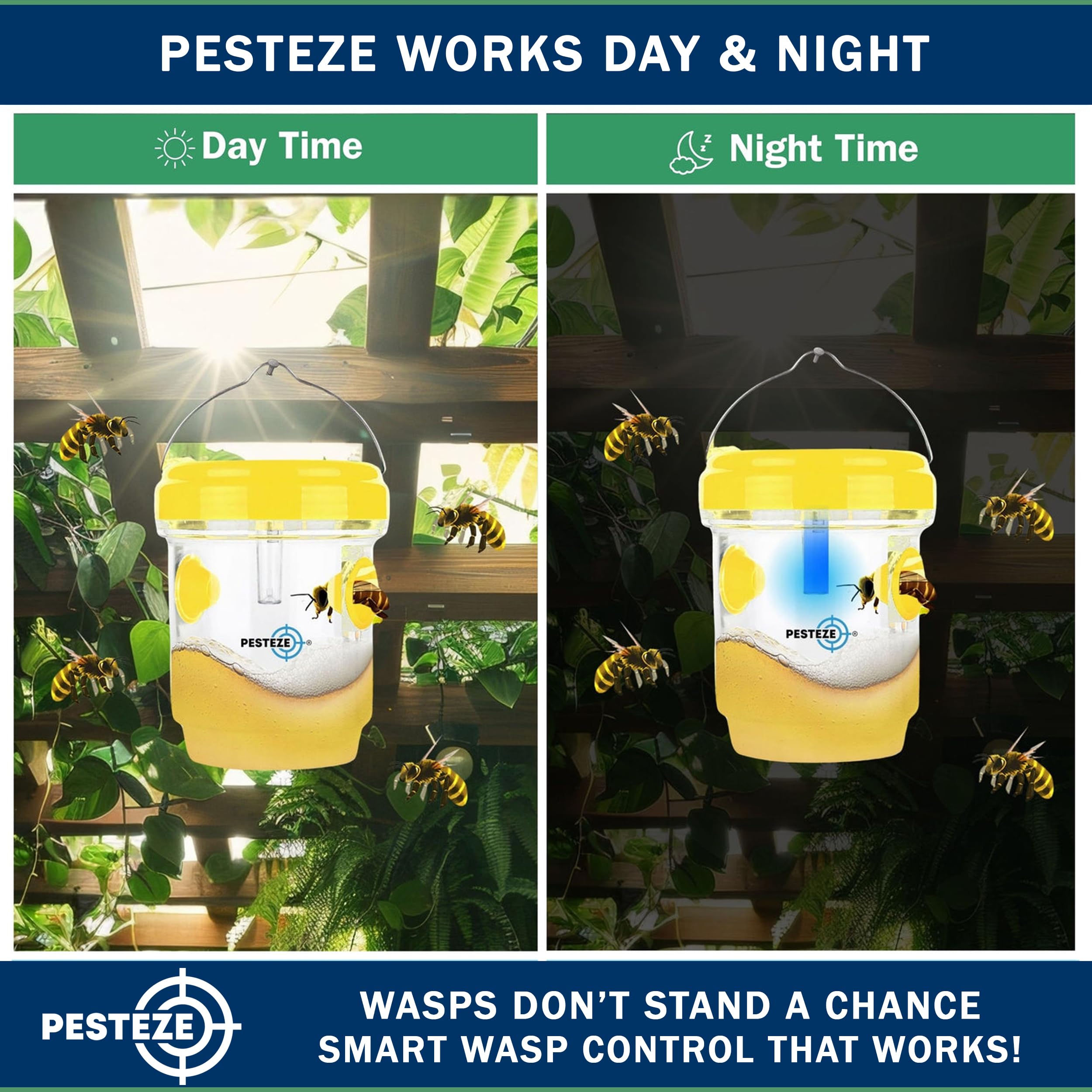 PESTEZE Trappola solare riutilizzabile per vespe con luce LED [Giallo: 8,9 x 11,1 cm] attrae, cattura vespe, calabroni, giacca gialla e specie di insetti 24/7 senza sostanze chimiche aggressive