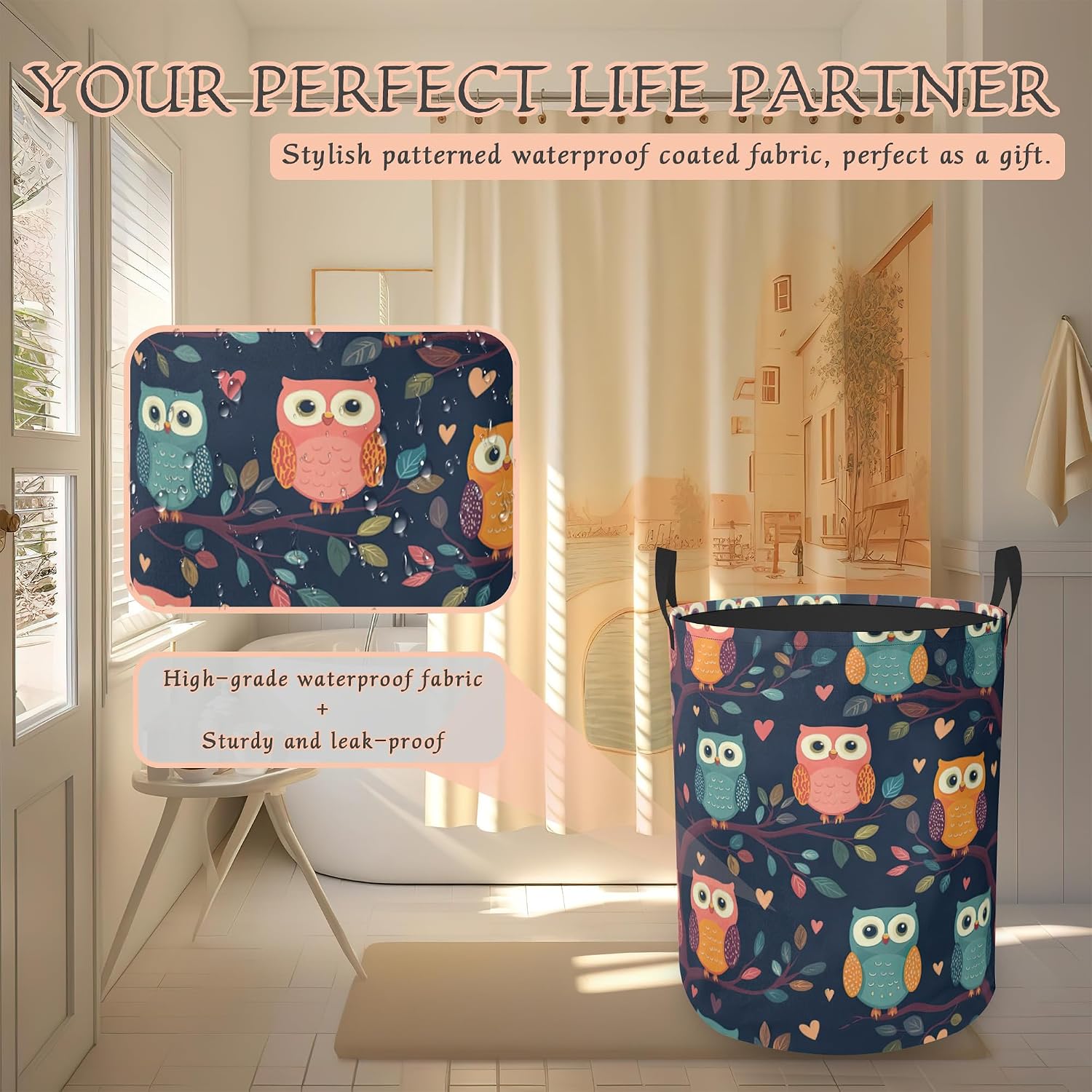 Cute Owl Laundry Basket,Foldable Oxford Cloth Laundry Hamper with Handles Waterproof Dirty Clothes Storage Basket for Bathroom Bedroom Dorm Room 16" x 20.8"