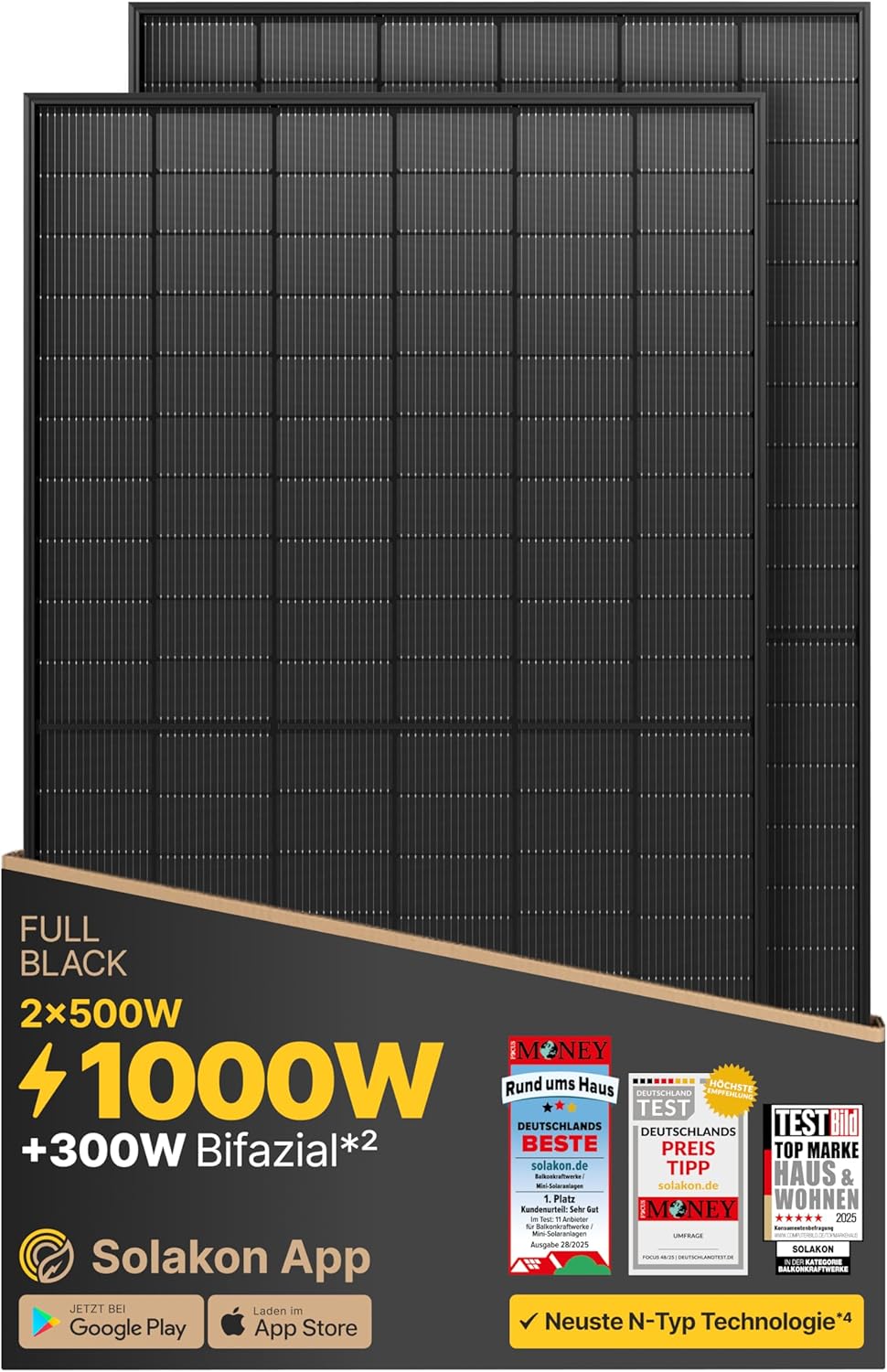 Solakon Solarpanel 500W, Bifazial Glas-Glas N-Type Solarmodul, 40v Full Black Solarmodule/Solar Module für Balkonkraftwerk/Solaranlage, 500w Solar Panel für Photovoltaik Komplettanlage (2 Stk)