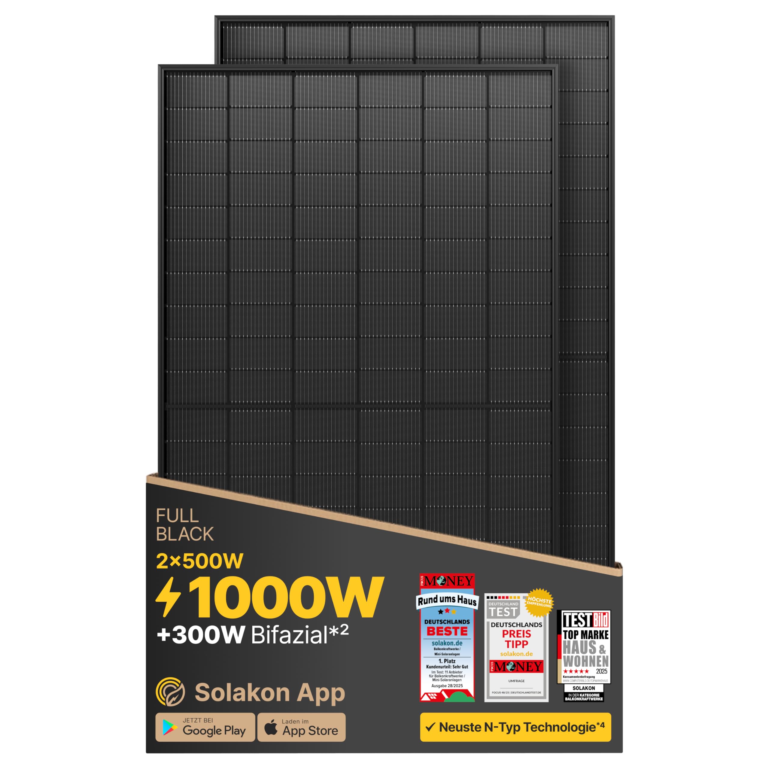 Solakon Solarpanel 500W Bifazial Glas-Glas N-Type Solarmodul 40V Full Black für Balkonkraftwerk Solaranlage (2 Stk)