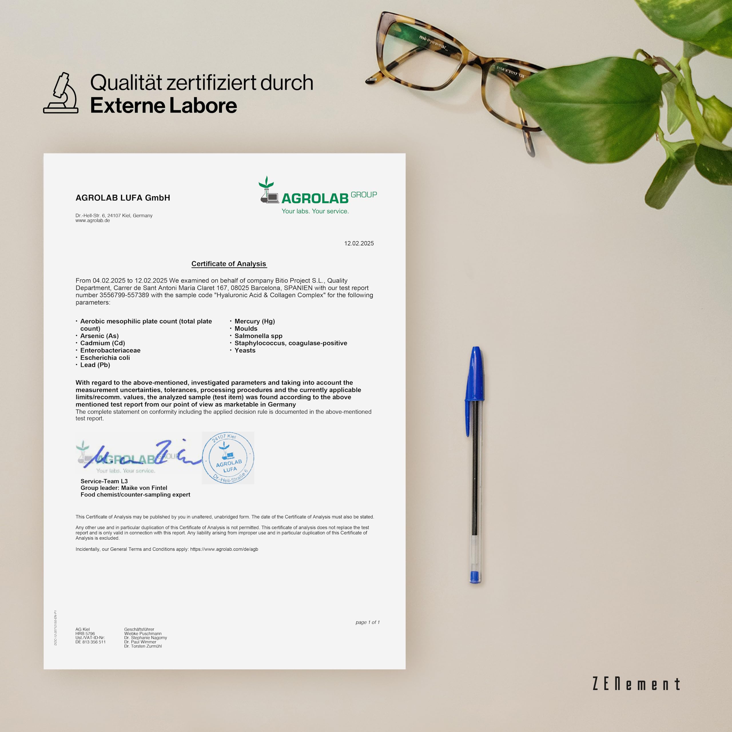 Kollagen und Hyaluronsäure mit Biotin, Zink, Selen, Vitamin C und E - 150 Kapseln - Für Haut, Gelenke und Knochen – 1000 mg Kollagen + 200 mg Hyaluronsäure pro Portion – Zenement