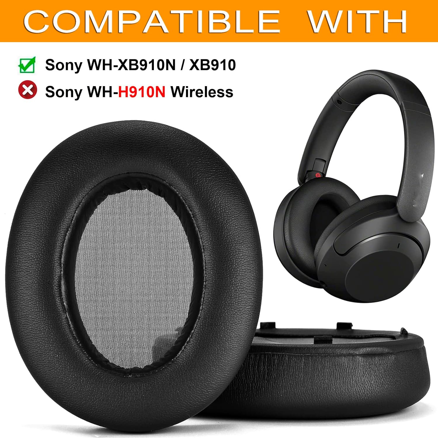 WH XB910N Earpads Cushions Replacement Compatible with Sony WH-XB910 XB910N Extra Bass Noise Cancelling Headphones,(NO fit WH-H910N Model) Ear Pads with Softer Protein Leather (Black) - Image 2