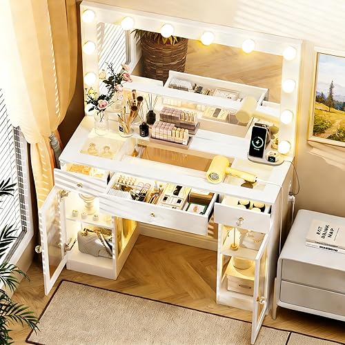 Miniatura 2 de Escritorio de tocador con pomos de cristal con espejo y luces, 12 bombillas LED, tocador de maquillaje con parte superior de cristal con 3 cajones y