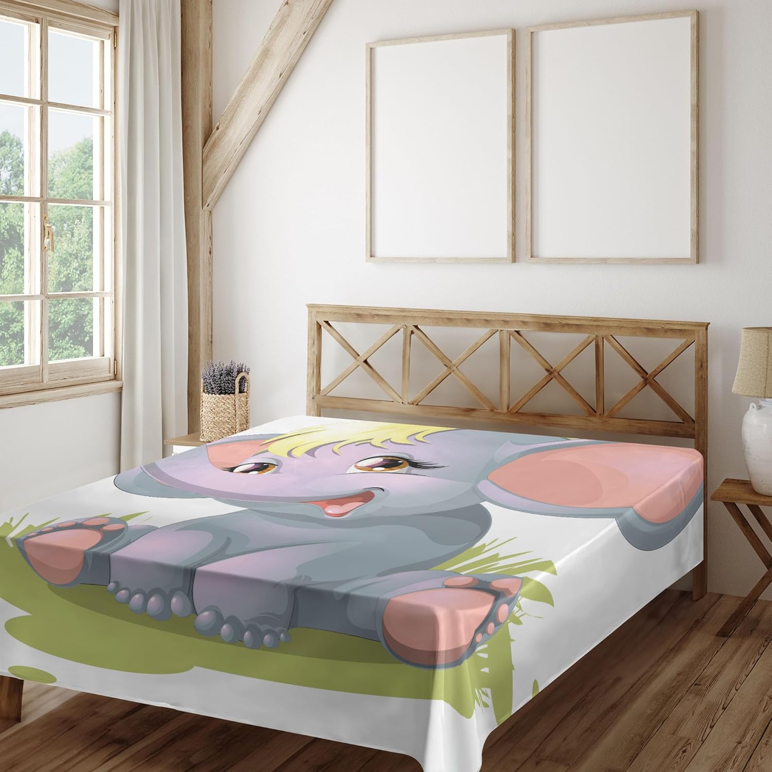 Ambesonne Animal Cartoon Flat Sheet, Animal Funny Character with a Butterfly Print Fun and Happiness Themed, Soft Comfortable Top Sheet Decorative Bedding 1 Piece, Full Size, Multicolor