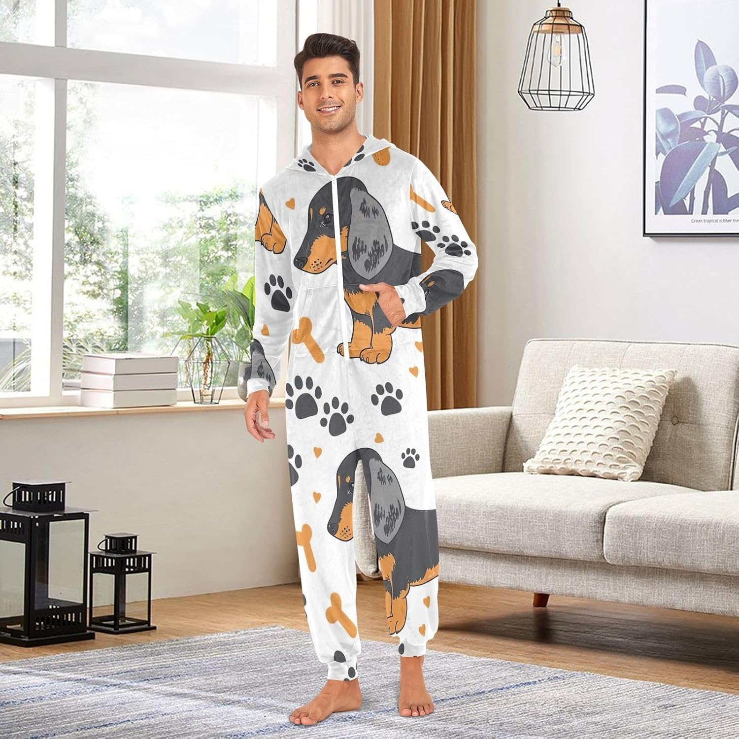 Cute Dachshund Dog White Adult Onesie Pajamas, Soft Hooded One Piece Sleepwear for Men Women Christmas Loungewear