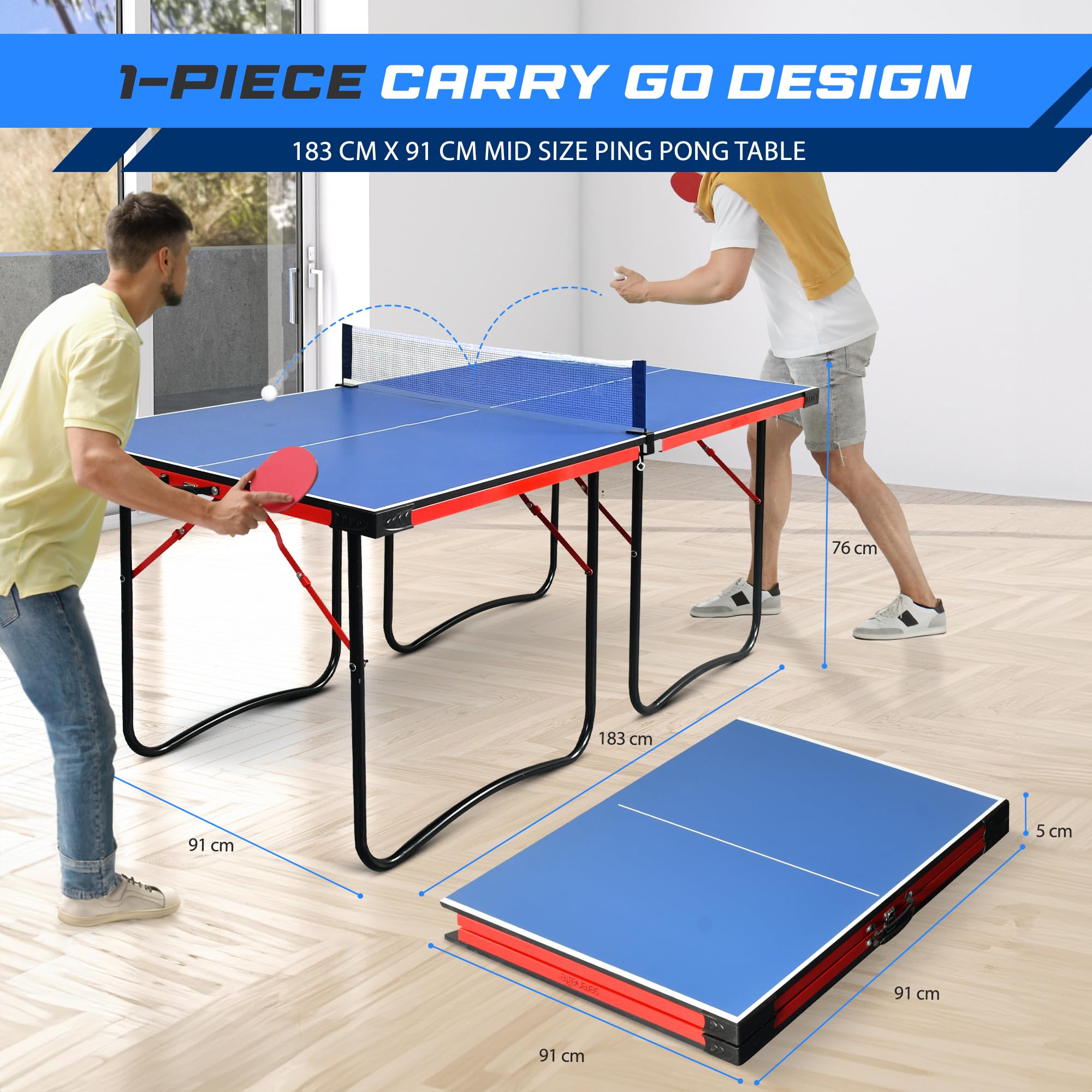 SereneLife Midsize Portable Ping Pong Table Set with Net, Clipper, Post - 6' x 3' Składany Space-Saving Design, Niebieski