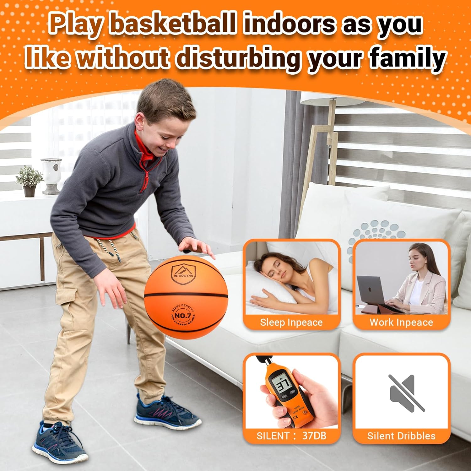 Silent Basketball Size 7 (29.5") - Non-Compressed Grooved Airless Indoor for Quiet Dribbling & Noiseless Training, PU Foam Soundless Ball with Zero Deformation