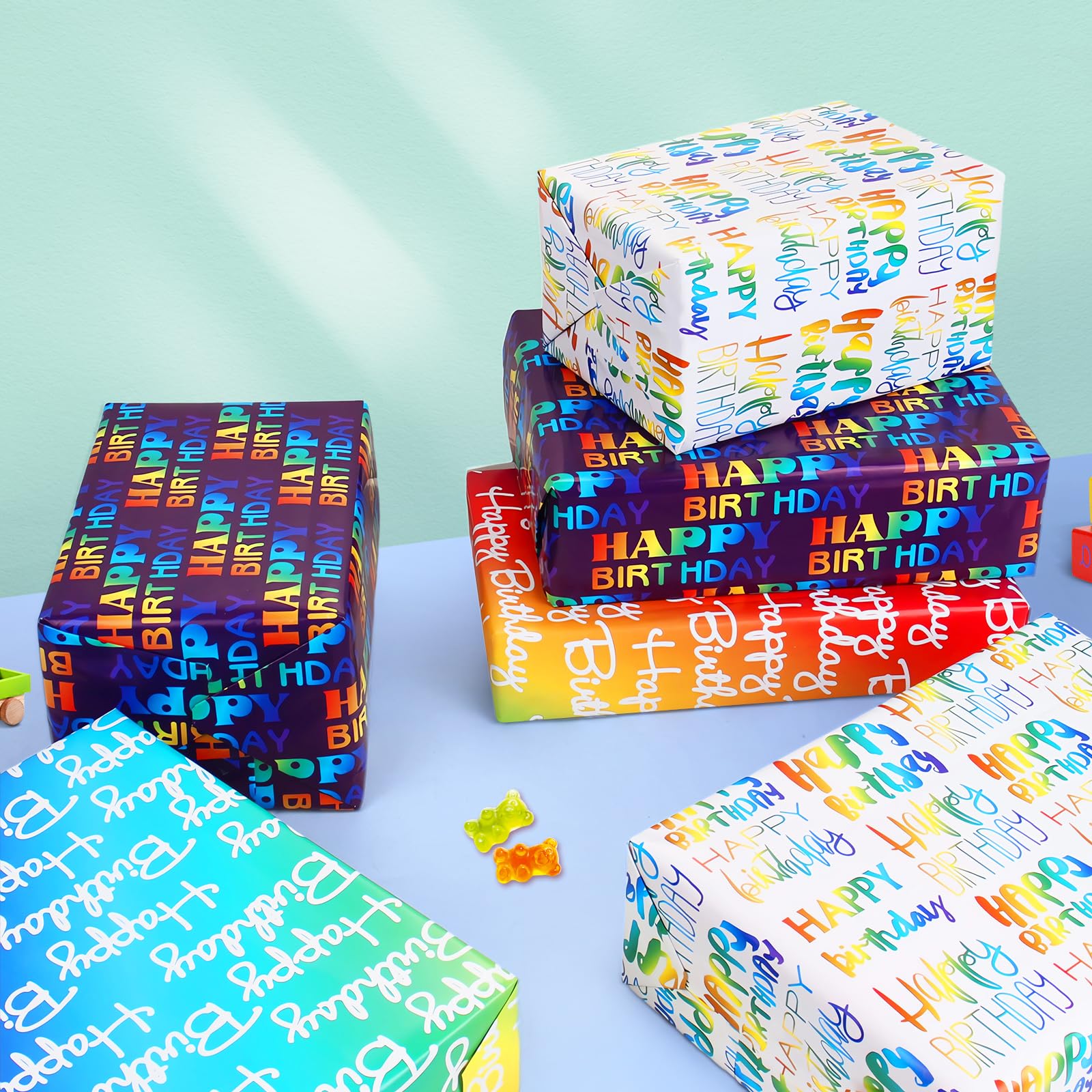 Papier do pakowania urodzinowego papieru do pakowania z gradientowym wielokolorowym tekstem "Happy Birthday", zestaw papieru do pakowania prezentów zawiera arkusze papieru do pakowania prezentów,