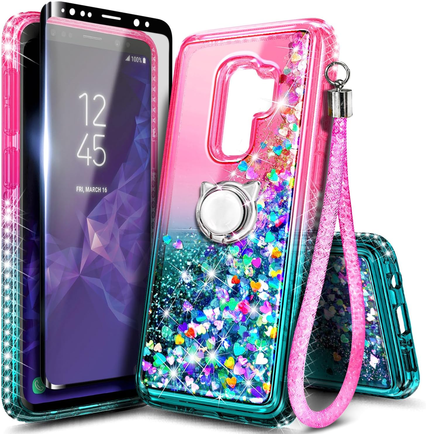 Designed for Samsung Galaxy S9 Plus Phone Case with Screen Protector (Maximum Coverage, Flexible TPU Film)/Ring Holder/Wrist Strap, Sparkle Glitter Floating Liquid Cute Case, Pink/Aqua