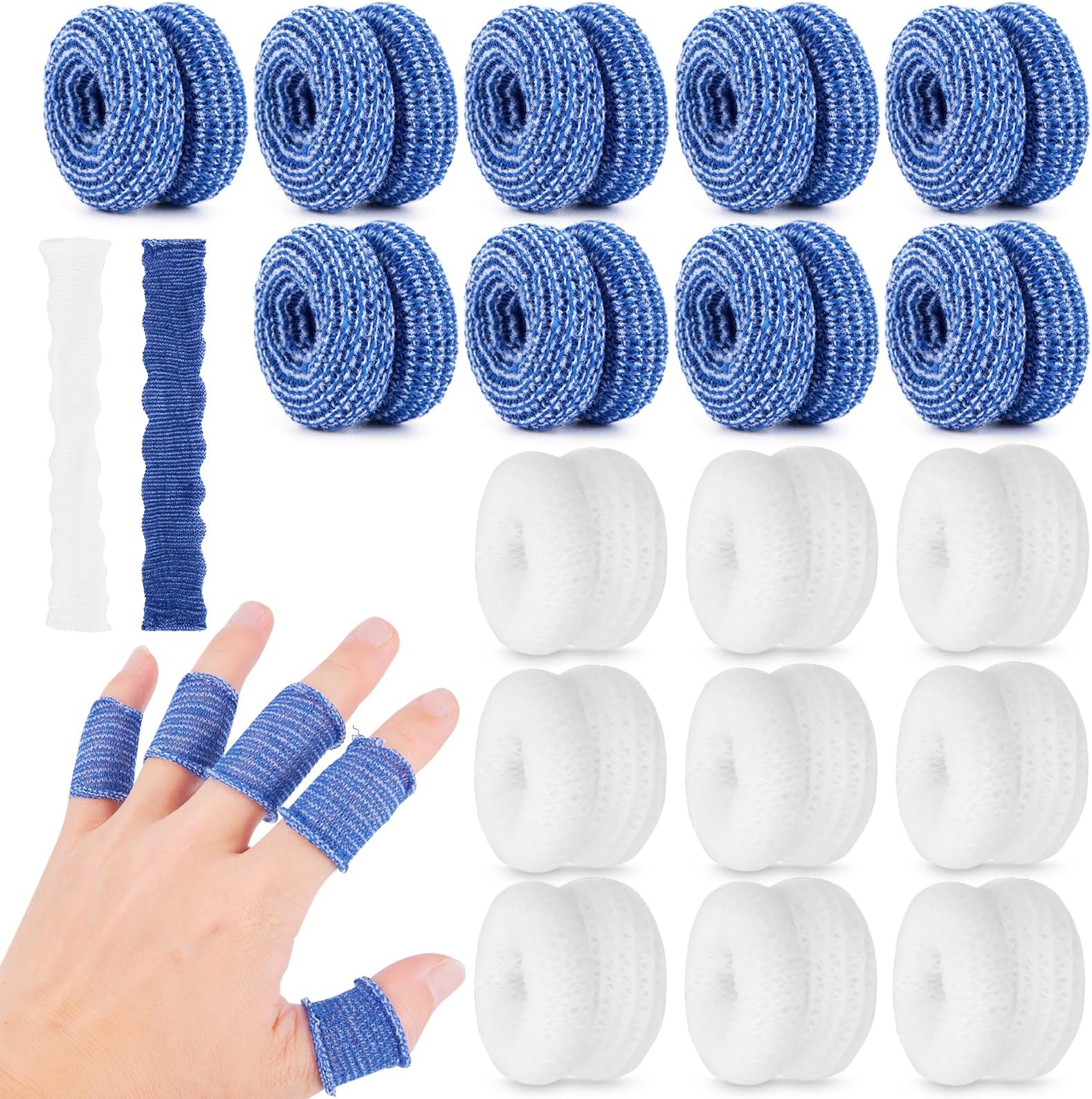 20Pcs Finger Cots, Cotton Tubular Finger Bandage Breathable Elastic Reusable Finger Covers Thumb Protector Finger Roll for Cargo Handling Gardening Work Sports and Fitness (Blue and White)