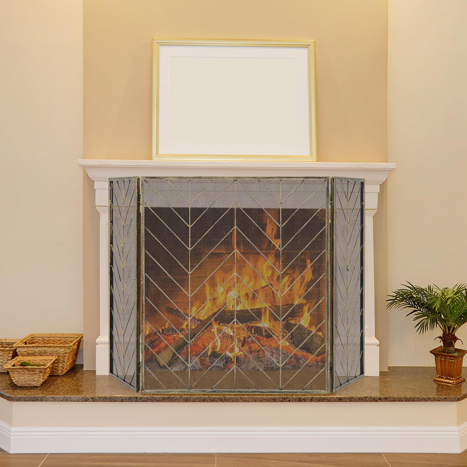 GIANTEX Écran de Cheminée à 3 Panneaux, Pare-étincelles Pare-feu Cheminée Pliable en Fer & Charnières Flexibles, Clôture de Cheminée Grille de Protection Cadre en Métal, pour Salon, Chambre (Bronzé)