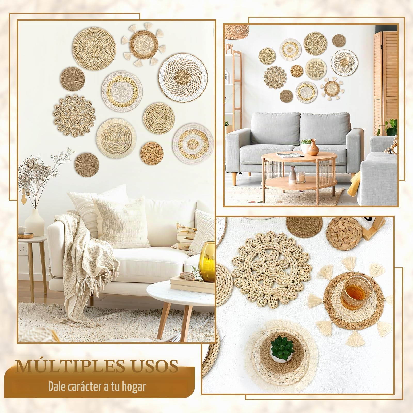 ASTNIC Juego de 11 cestas de pared bohemias para colgar en la pared, juego de decoración de ratán, cestas redondas de tejido bohemio, rústicas con borlas, macramé, cestas tejidas a mano, decoración de