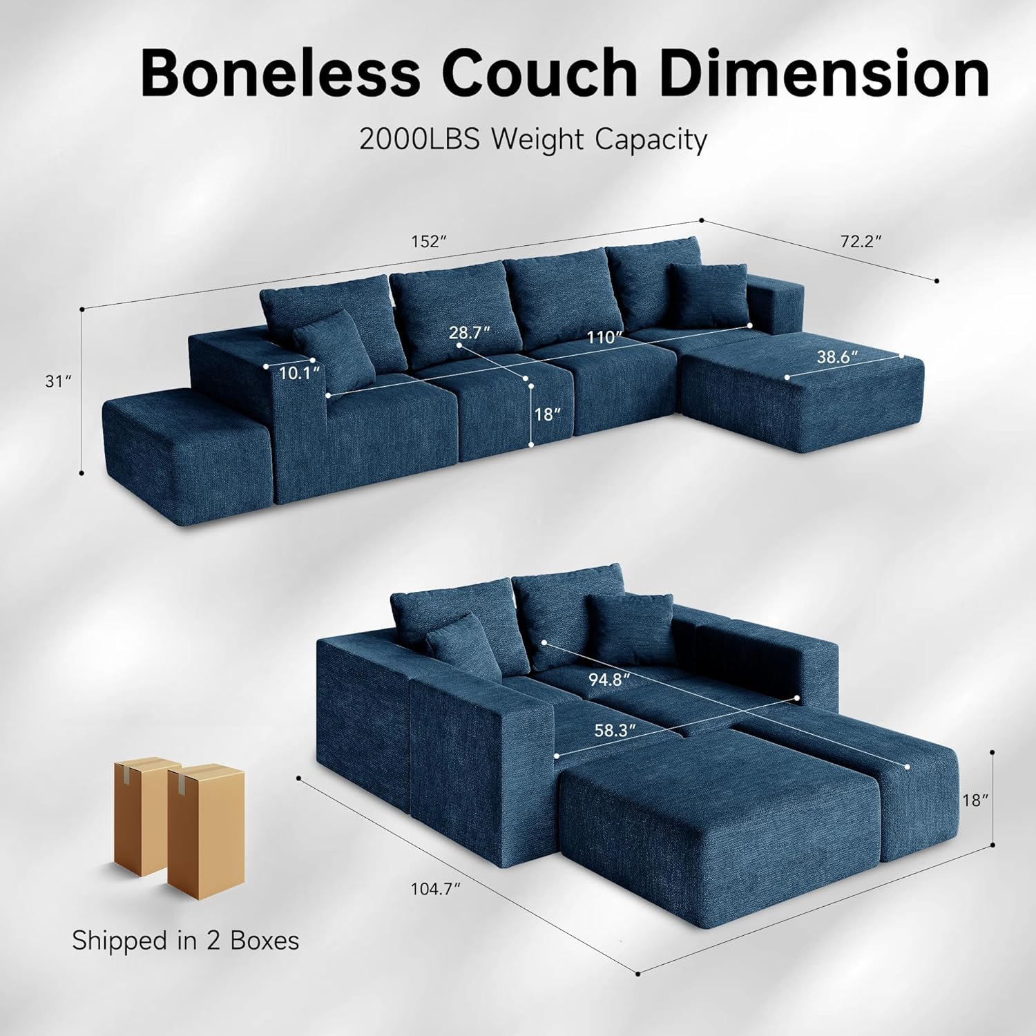 CUGOAO 152'' Oversized 2-in-1 Modular Sectional Sofa Bed, Modern Boneless Couch, Extra Deep Seat Upholstery Cloud Couch, Boneless Couches for Living Room, No Assembly Required, Blue Chenille