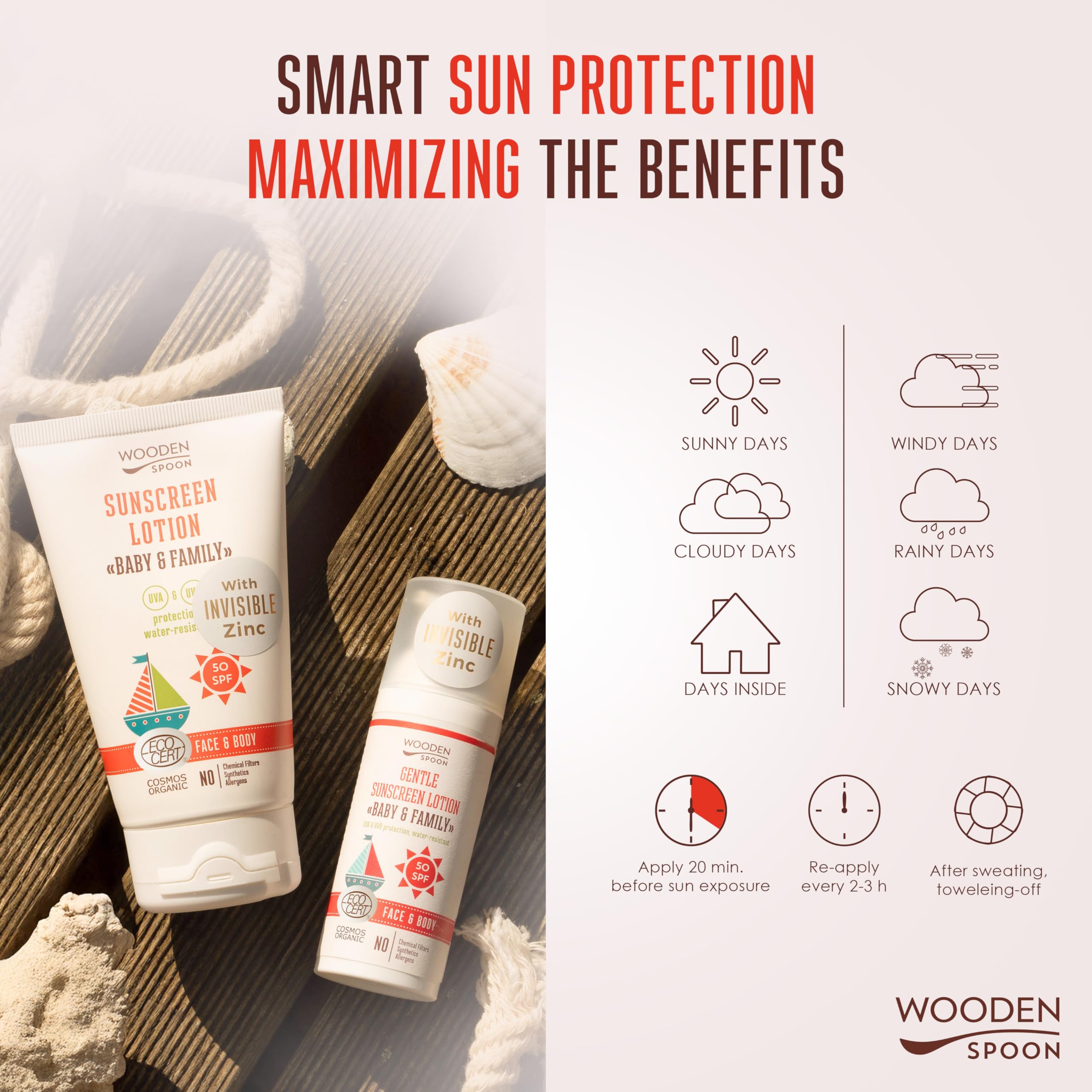 Wooden Spoon Crème Solaire Bio Bébé et Famille SPF 50 – 100% Naturelle, Zinc Invisible, Sans Trace Blanche, Hypoallergénique, Vegan, Résistante à l’Eau – 150 ml