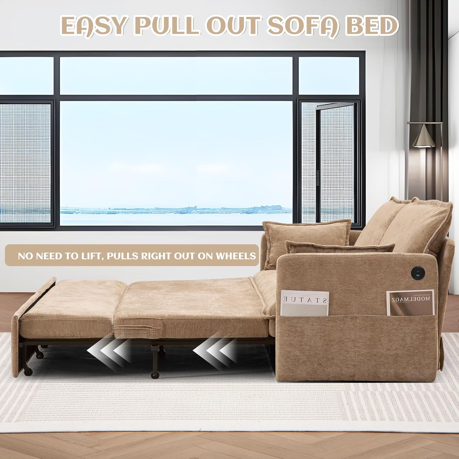 SUNWAVE 60" Queen Pull Out Sofa Bed - Convertible Sleeper Sofa Bed, Chenille Loveseat Pull Out Couch with USB Charging, Side Pockets for Living Room, Bedroom, Small Spaces (Brown, 60")