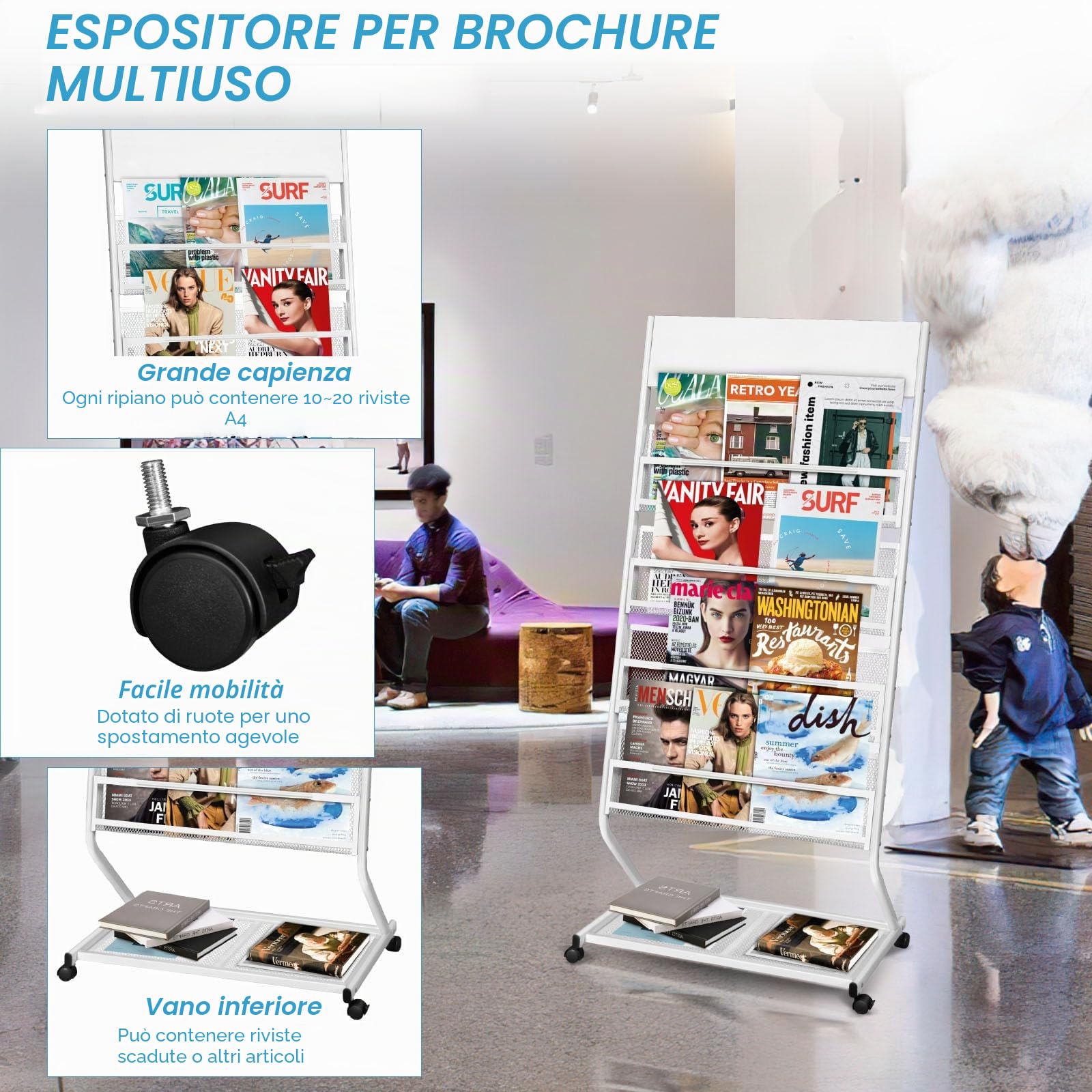SUNDOY - Portabrochure e porta giornali da terra, espositore inclinato per libri, supporto per scorrimento di letteratura per brochure e riviste con 4 ripiani (Bianco, 4 strati, 59,5 cm di larghezza)