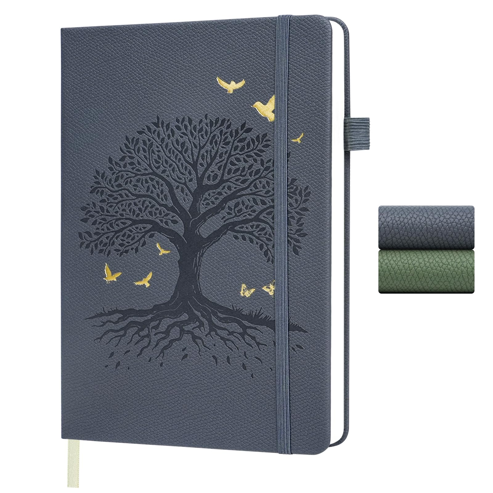 BIHIYII A5 Journal Notebook, 200 Pages A5 Notebook, Tree of Life Embossed Hardcover Leather Lined Note Book, Journals for Women Men, Notepad for Diary, Office, School, Travel, 14.5 x 21cm (Grey)