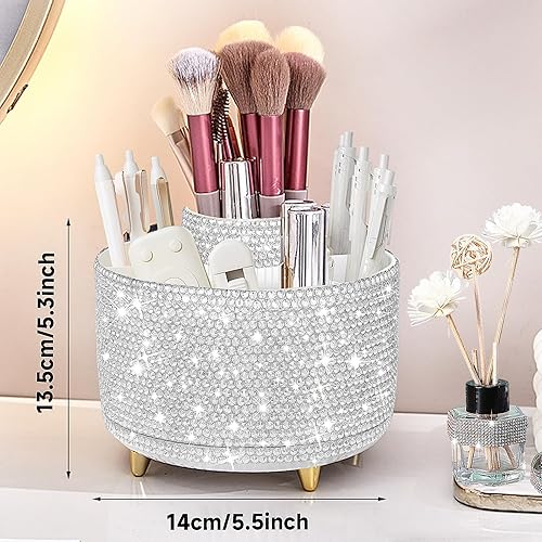 Miniatura 5 de Yi-gog Organizador de maquillaje giratorio de 360 con soporte para brochas de bricolaje con diamantes para mujeres y niñas, tocador, escritorio