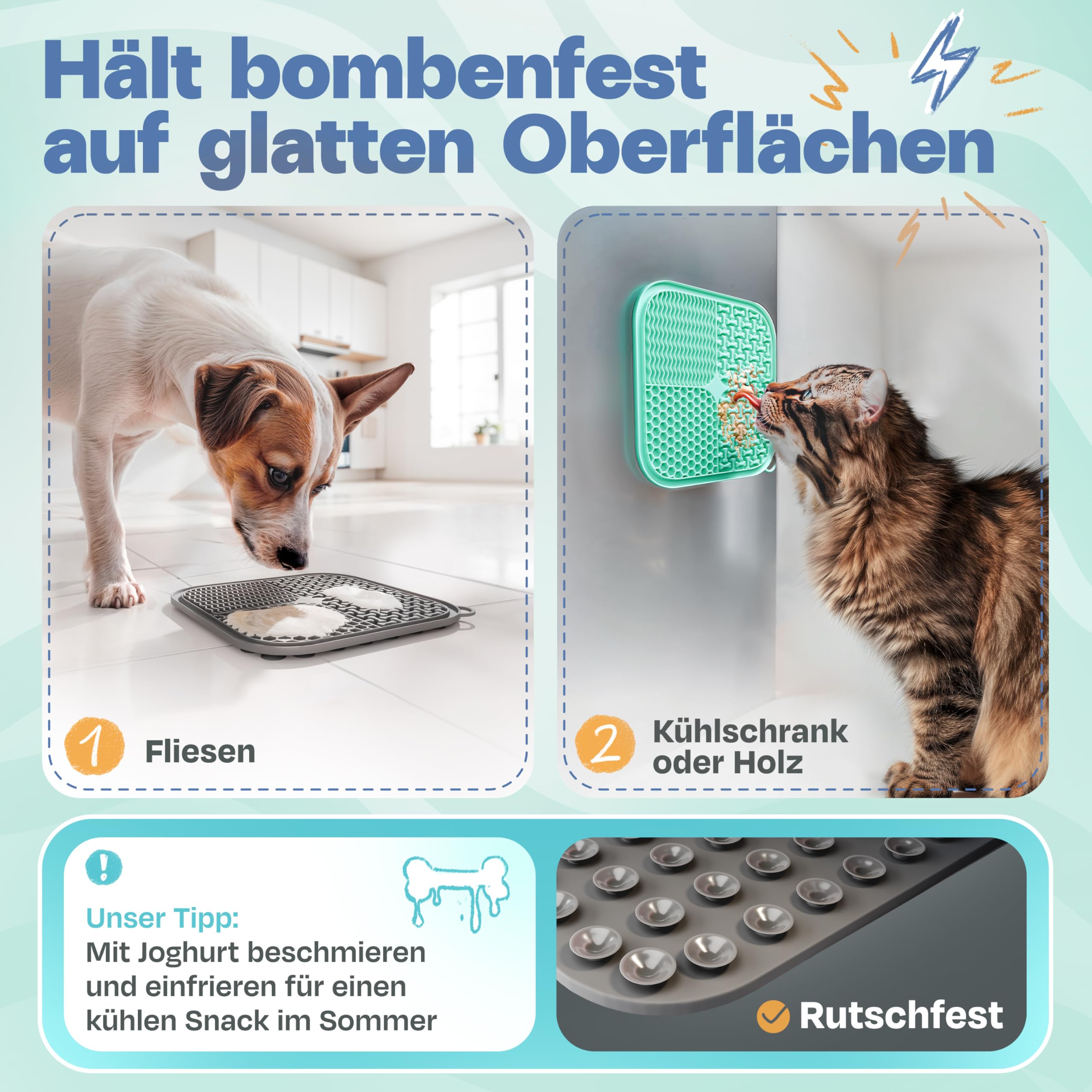 TIERFEIN – Schleckmatte Hund mit Saugnäpfen (2er Set, 20x20 cm) – Schleckmatte Katze zur Beruhigung & Förderung von langsamen Fressen – Leckmatte Hund inkl. Spatel & Bürste, BPA-frei