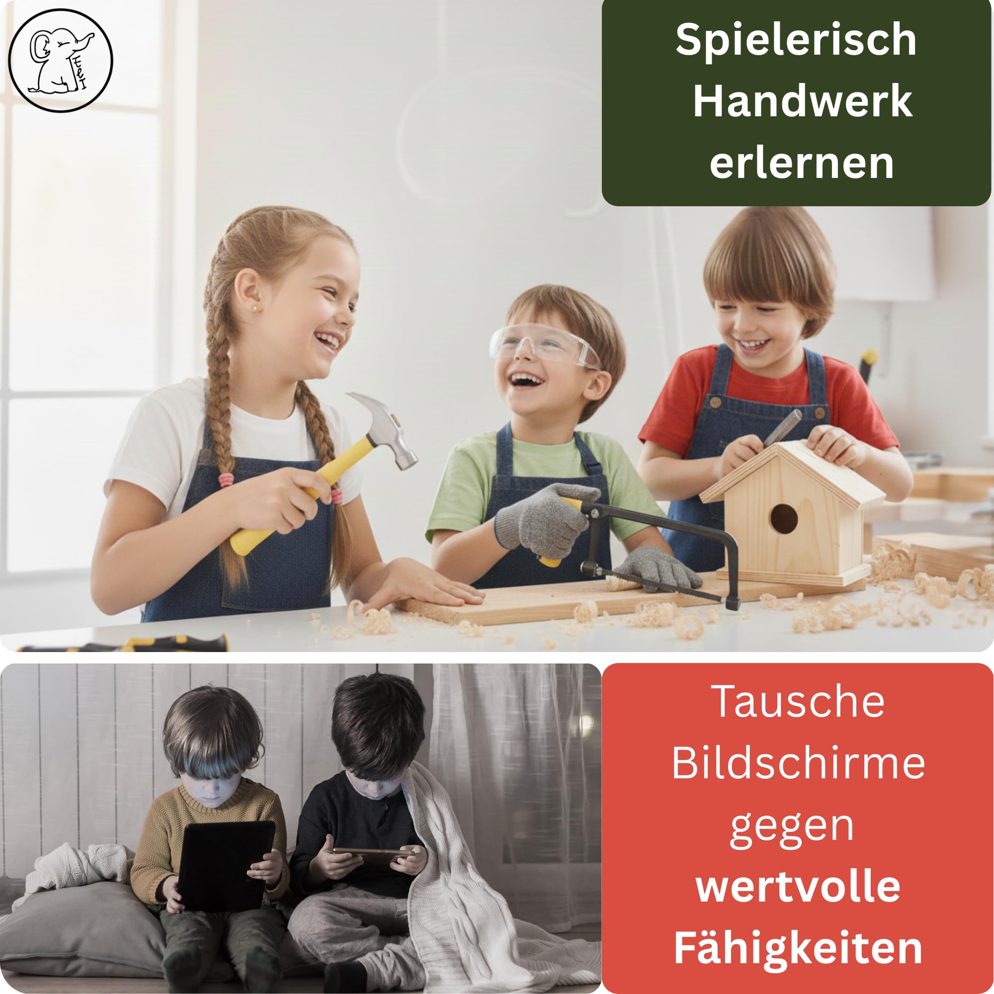 Eli® Kinderwerkzeug Set ab 6 Jahre inkl Kindersäge - Hammer - Holzraspel - Schutzhandschuhe - echtes Werkzeug Set für alle junge Baumeister und Bauarbeiter - Säge für Kinder - Geschenkidee