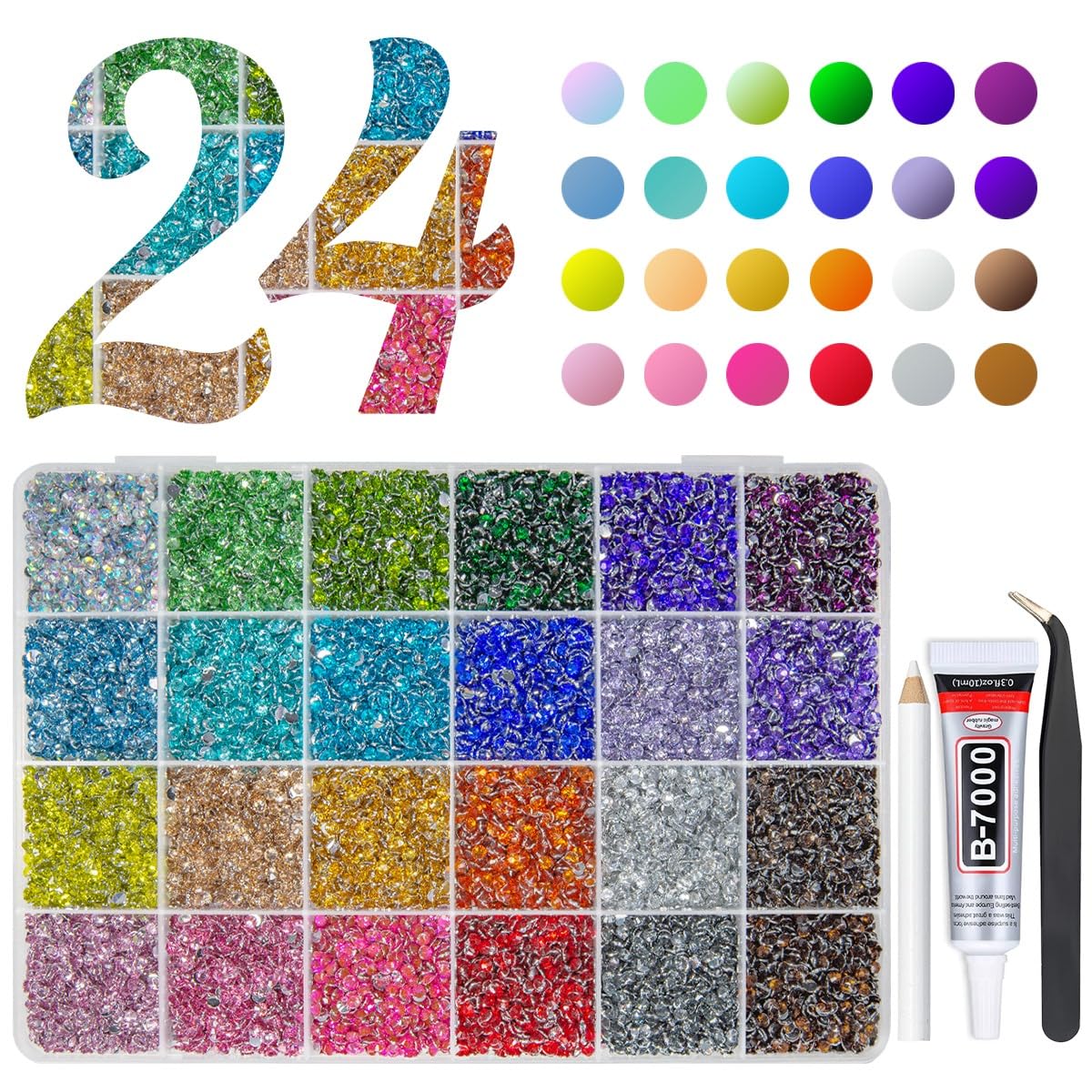 24000PCS 24 Color 3mm Crystal Resin Rhinestones Flatback SS10 Colorful Rainbow Stones Gems Diamonds for Nails Face Eyes Makeup Tumblers Bottles DIY Crafts Bedazzling Crafting Clothes Shoes
