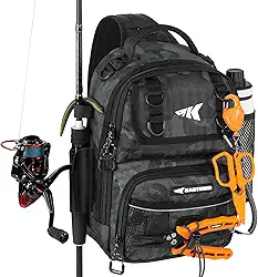 KastKing Bolsa de pesca BaitSpace, mochila de pesca resistente à água com suporte para vara e bebidas, alças ajustáveis, bolsa de armazenamento para equipamentos e equipamentos de pesca