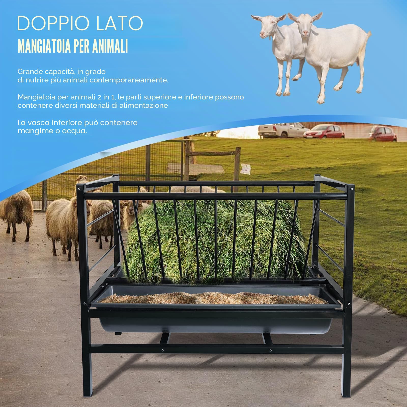 Grande Mangiatoia per Capre Fieno Metallo 2 in 1 Alimentatore per Fieno e Cereali Doppia Faccia Mangiatoia Fieno per Capra Cavalli Bestiame