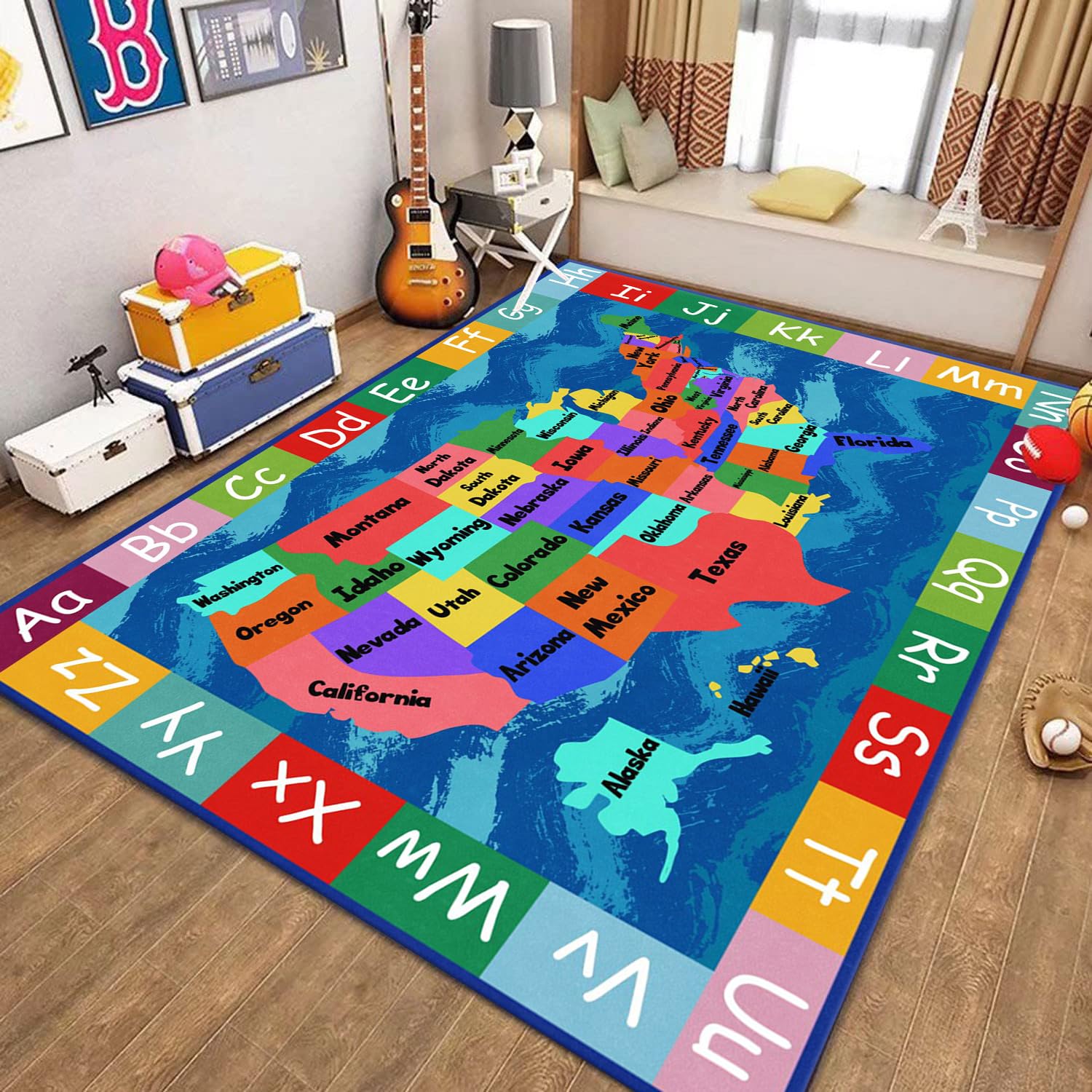YHUERC American Map Learning Rug,6x8ft ABC Alphabet Learning Area Rug,Baby Indoor Education Carpet,Living Room Reading Rugs,Soft Non-Slip Play Rugs,