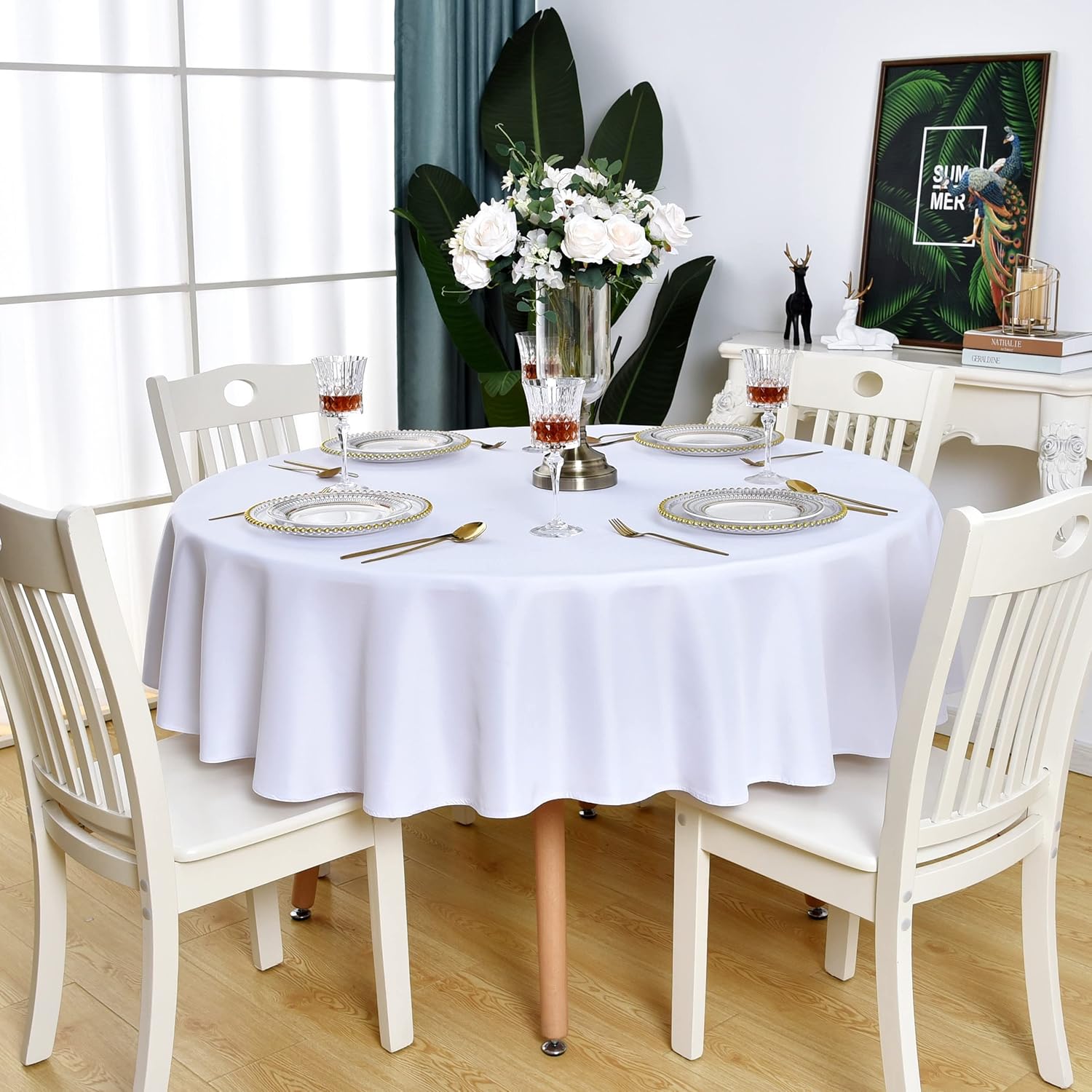 White Round Tablecloth Waterproof Stain Resistant Wrinkle Free Table Cloth 210GSM Polyester Washable Wipeable Table Cover for Party, Banquet, Wedding, Indoor and Outdoor use (48 inch, Circle) White 48 Inch