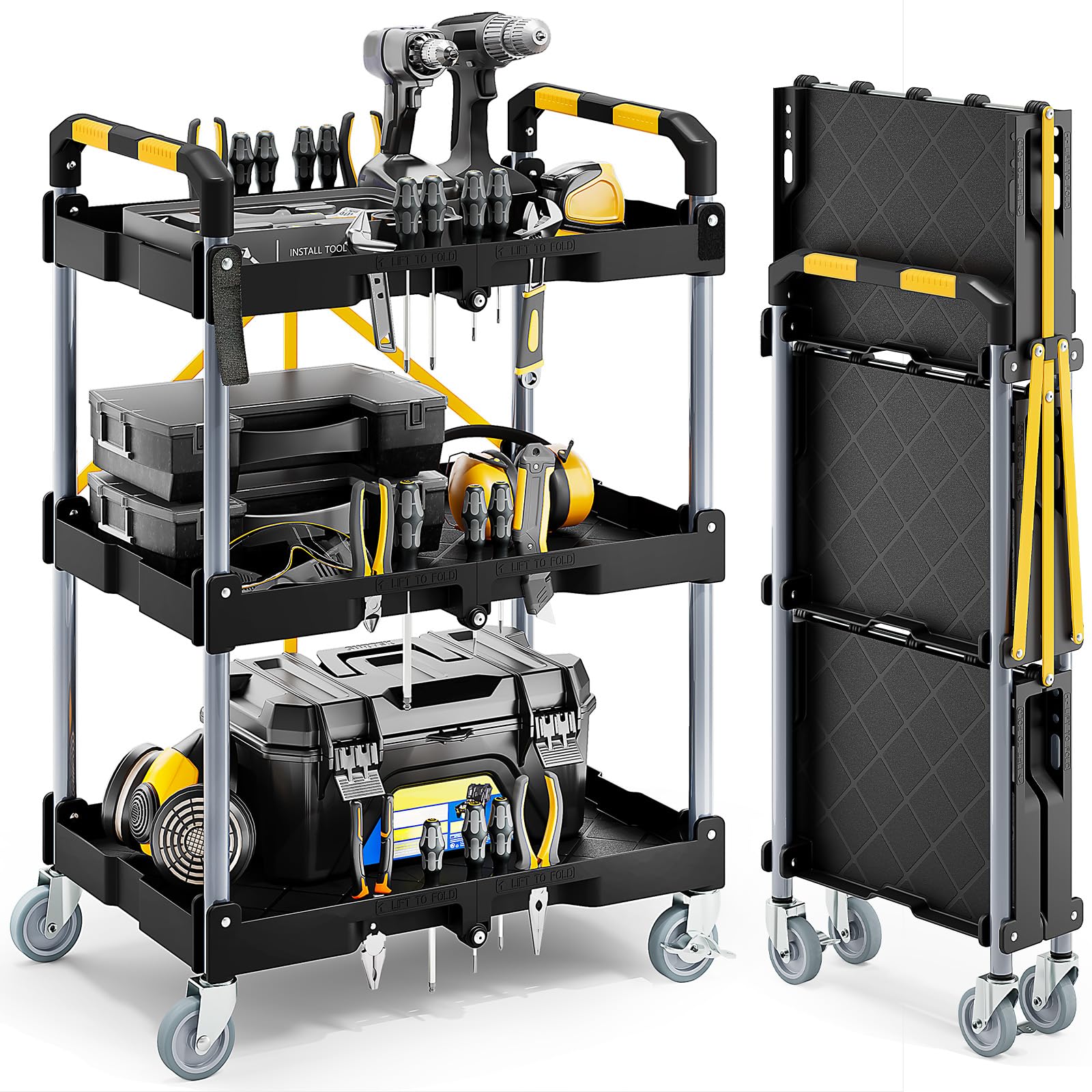 KINGRACK Carro Herramientas Resistente 3 Niveles Plegable con Ruedas | Carro multiusos ahorra espacio con ruedas silenciosas bloqueables para garaje, bricolaje, lavado coches, hogar y camping