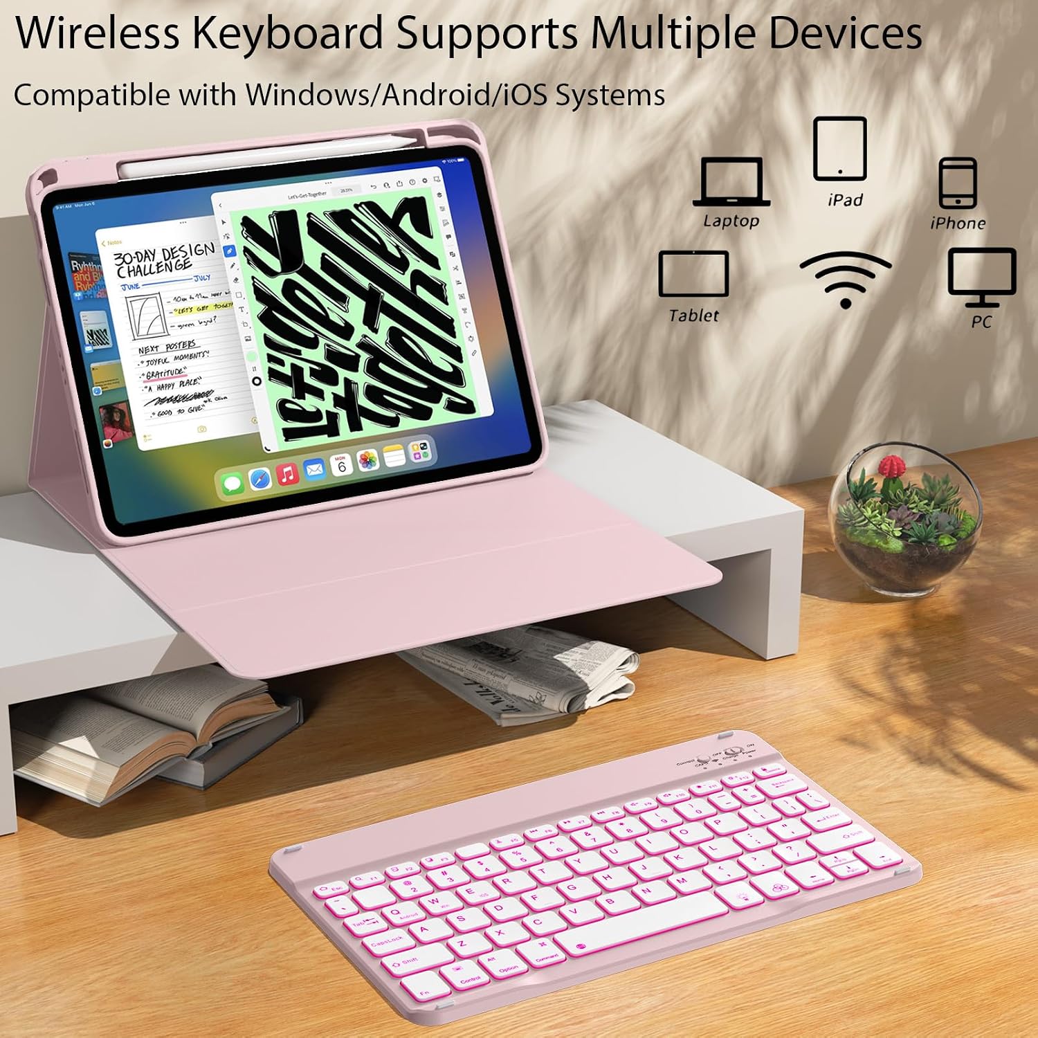 kenke for iPad 11/10th Gen Case with Keyboard 11/10.9 inch 2025 A16/2022, Detachable Wireless Bluetooth Keyboard Case with Right Side Pencil Holder, Backlit White Square Keycaps (Light Pink)