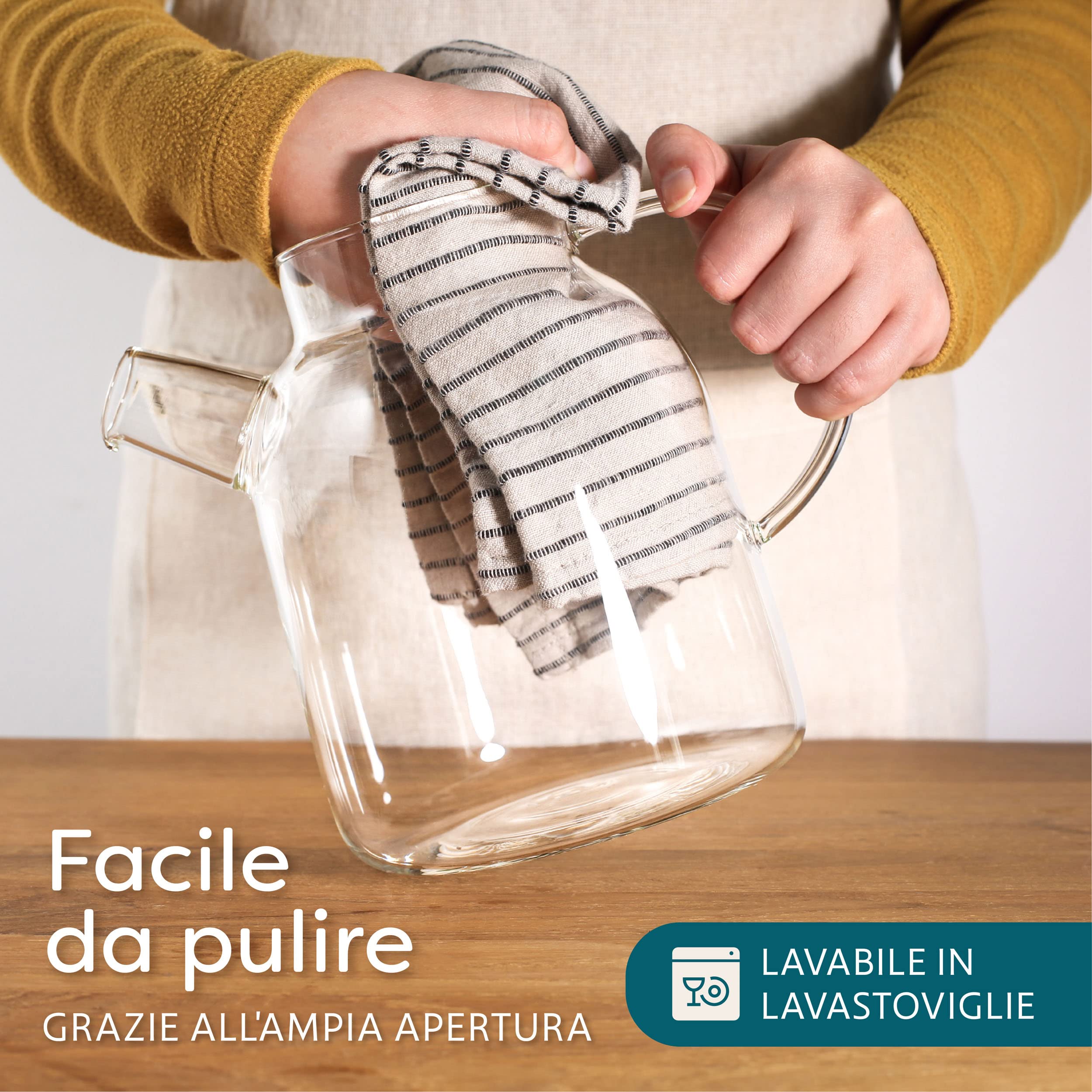 Cosumy Caraffa Vetro 1,5 Litri con Tappo in Bambù - Filtro nel Beccuccio - Brocca per Acqua e Tè - Lavabile in Lavastoviglie