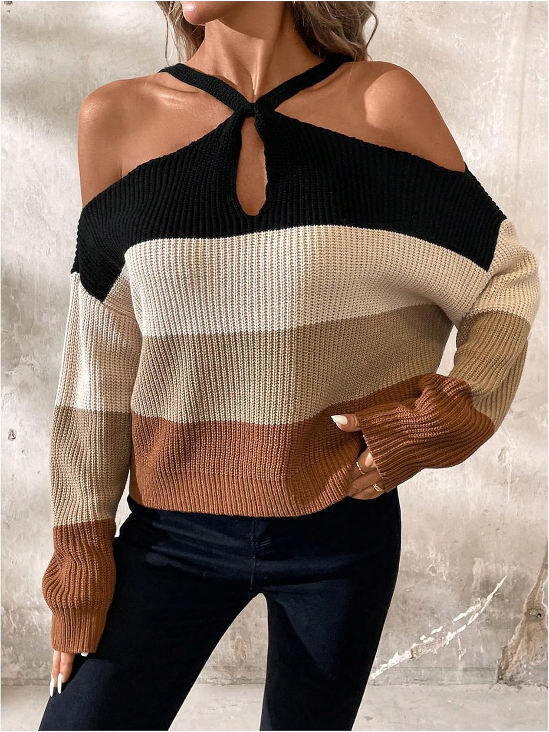 SOLY HUX Fall Sweaters for Women Color Block Cold Shoulder Long Sleeve Pullover Sweater Knit Tops