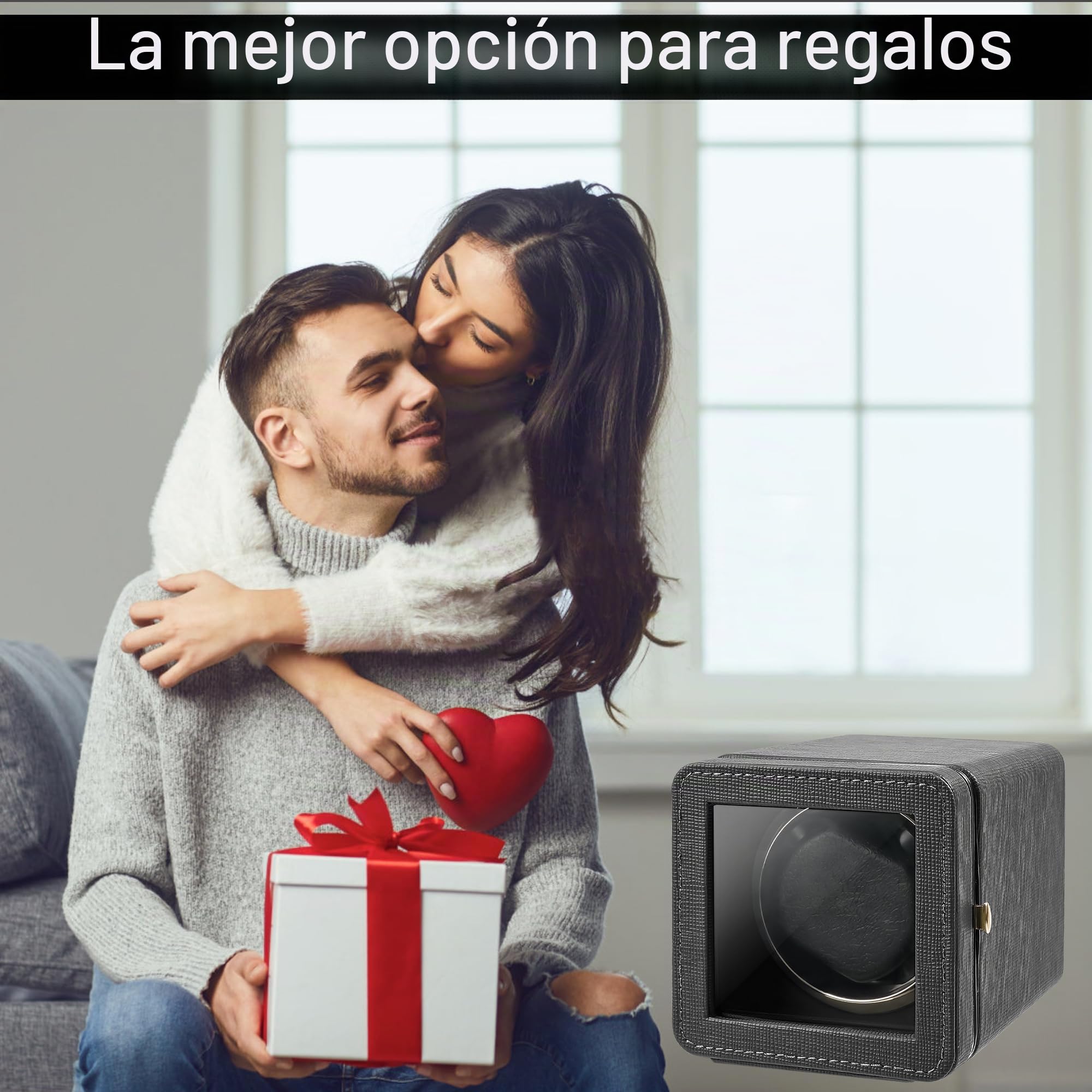 Caja giratoria para relojes automáticos, cable de carga USB, piel sintética, con motor silencioso